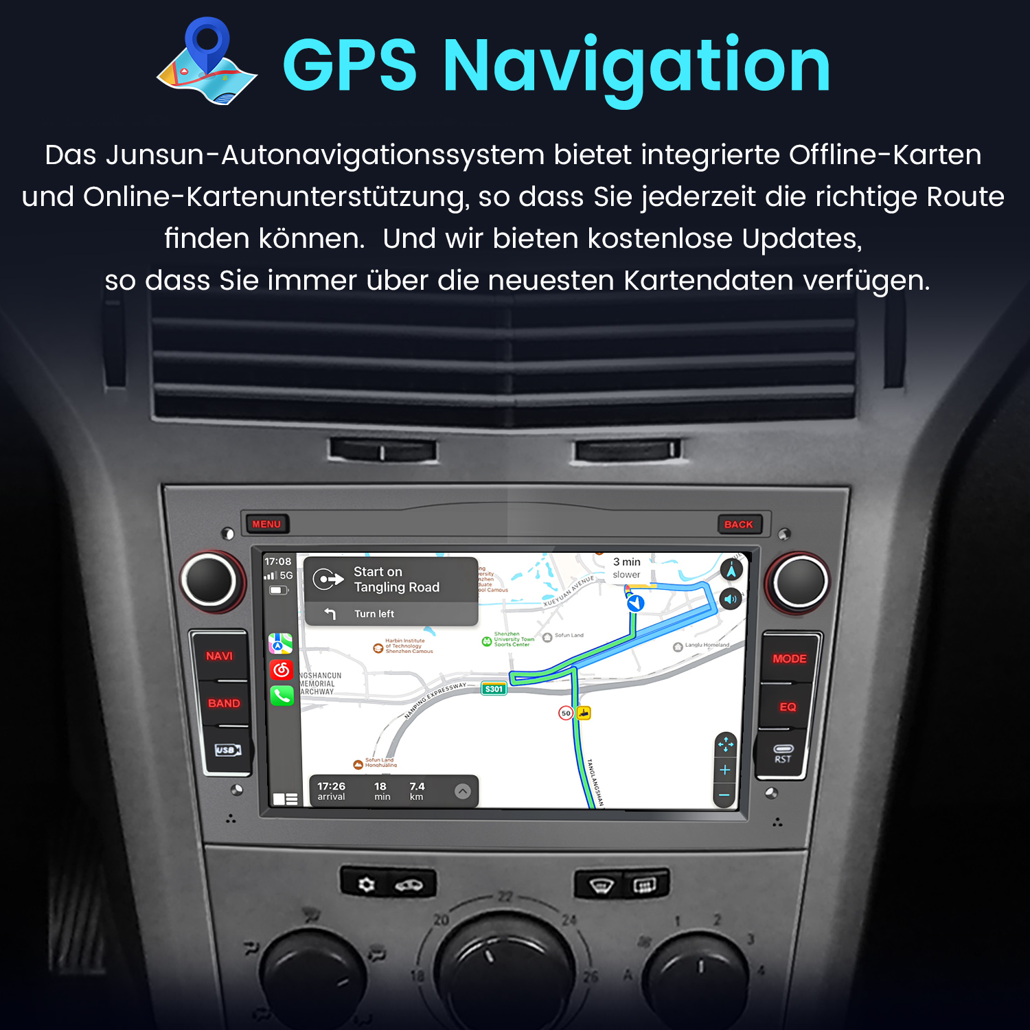 Ekran radia samochodowego z aktywną mapą nawigacji GPS, otoczony przyciskami. Tło graficzne.