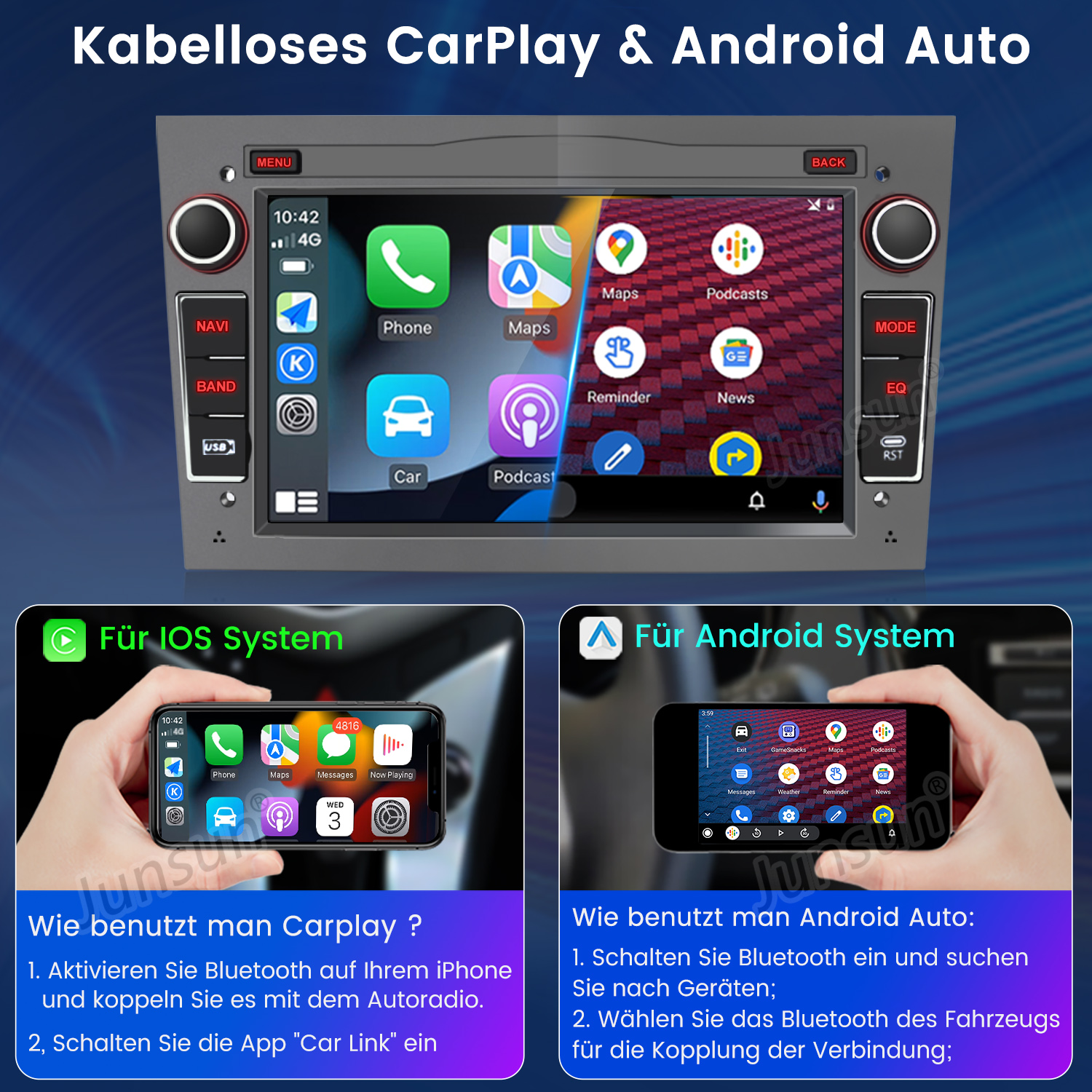 Interfejs CarPlay i Android Auto w systemie informacyjno-rozrywkowym samochodu, pokazujący ikony aplikacji i elementy sterujące.