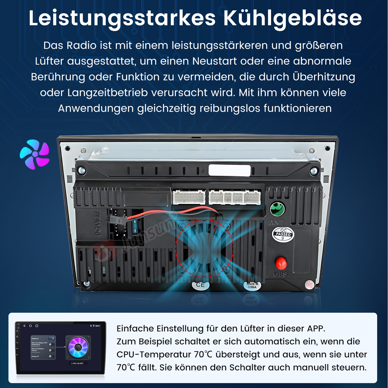 Rückansicht des Autoradios. Lüfter, Kabel, Anschlüsse und ein Aufkleber sind sichtbar.