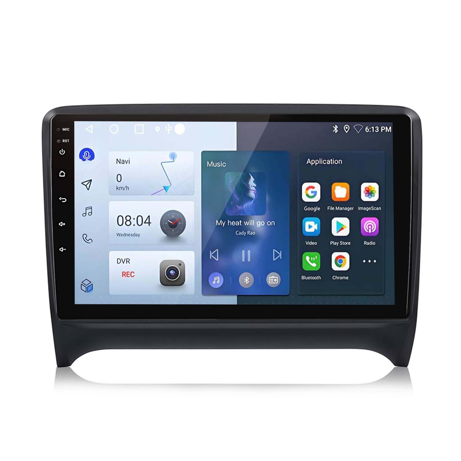 Auto-Multimedia-System, schwarz, rechteckig, mit Anzeige von Anwendungen und Musik.