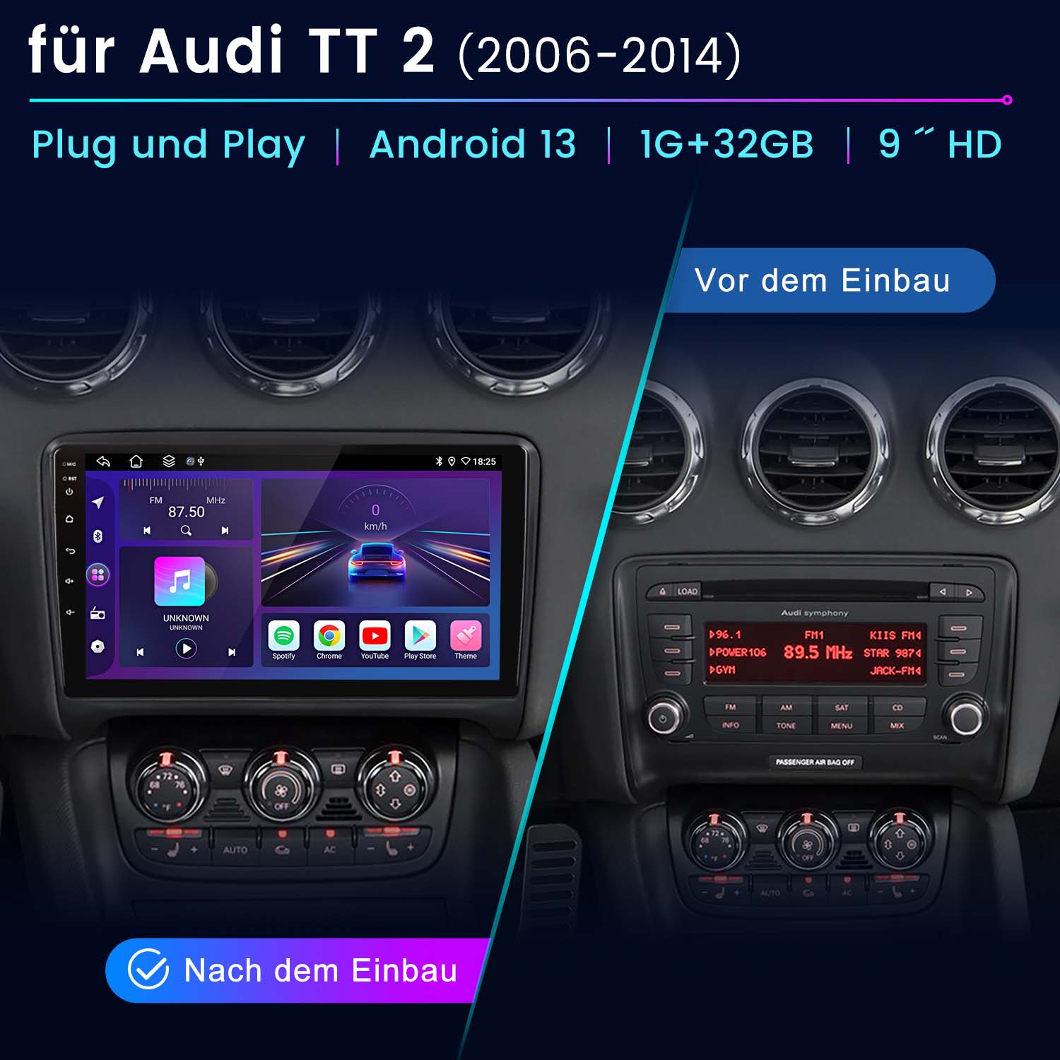 Auto-Armaturenbrett mit Bildschirm. Zeigt Vorher-Nachher-Ansichten für Audi TT 2 (2006-2014).