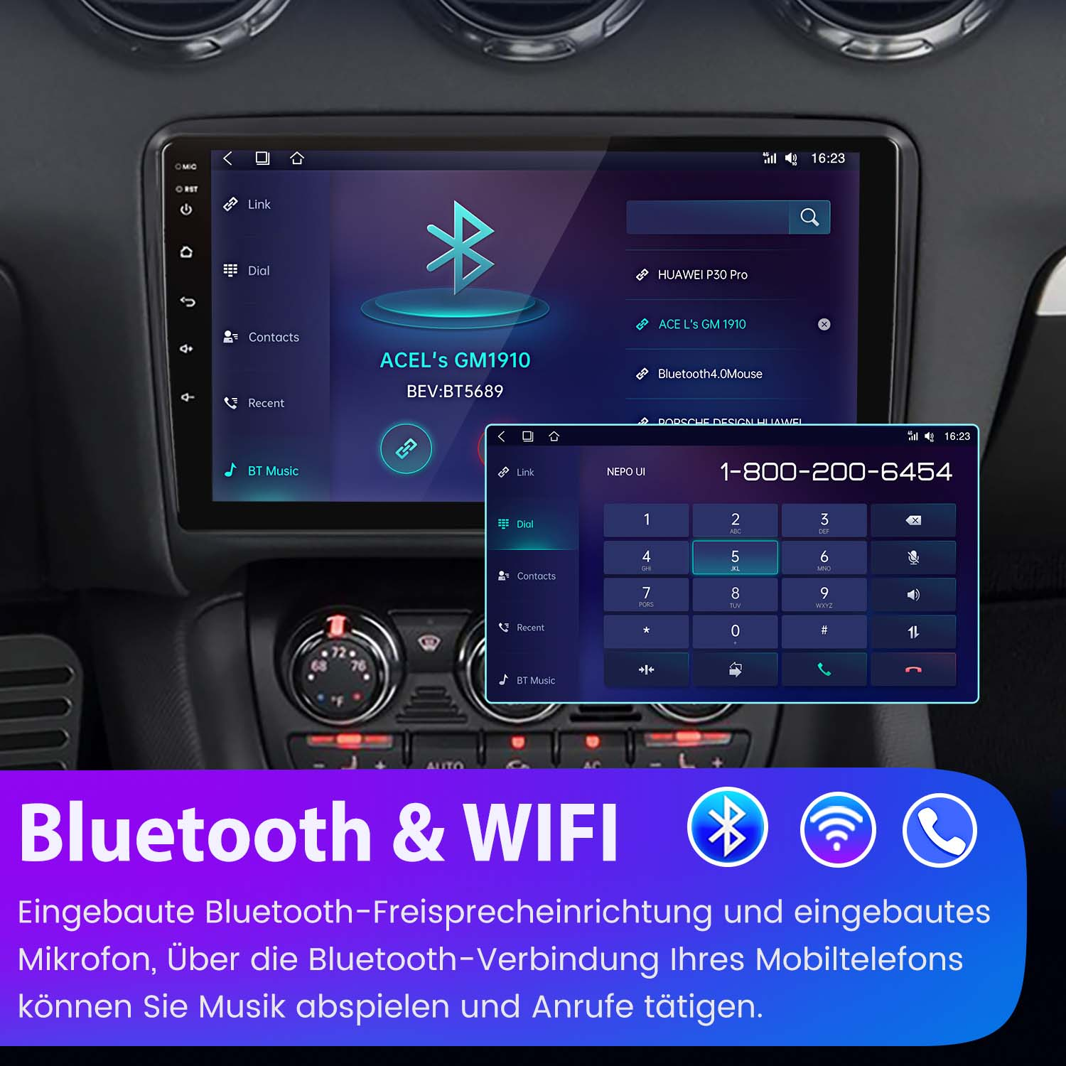 Autoradio-Bildschirm mit Benutzeroberfläche, rechts ein Telefon.
