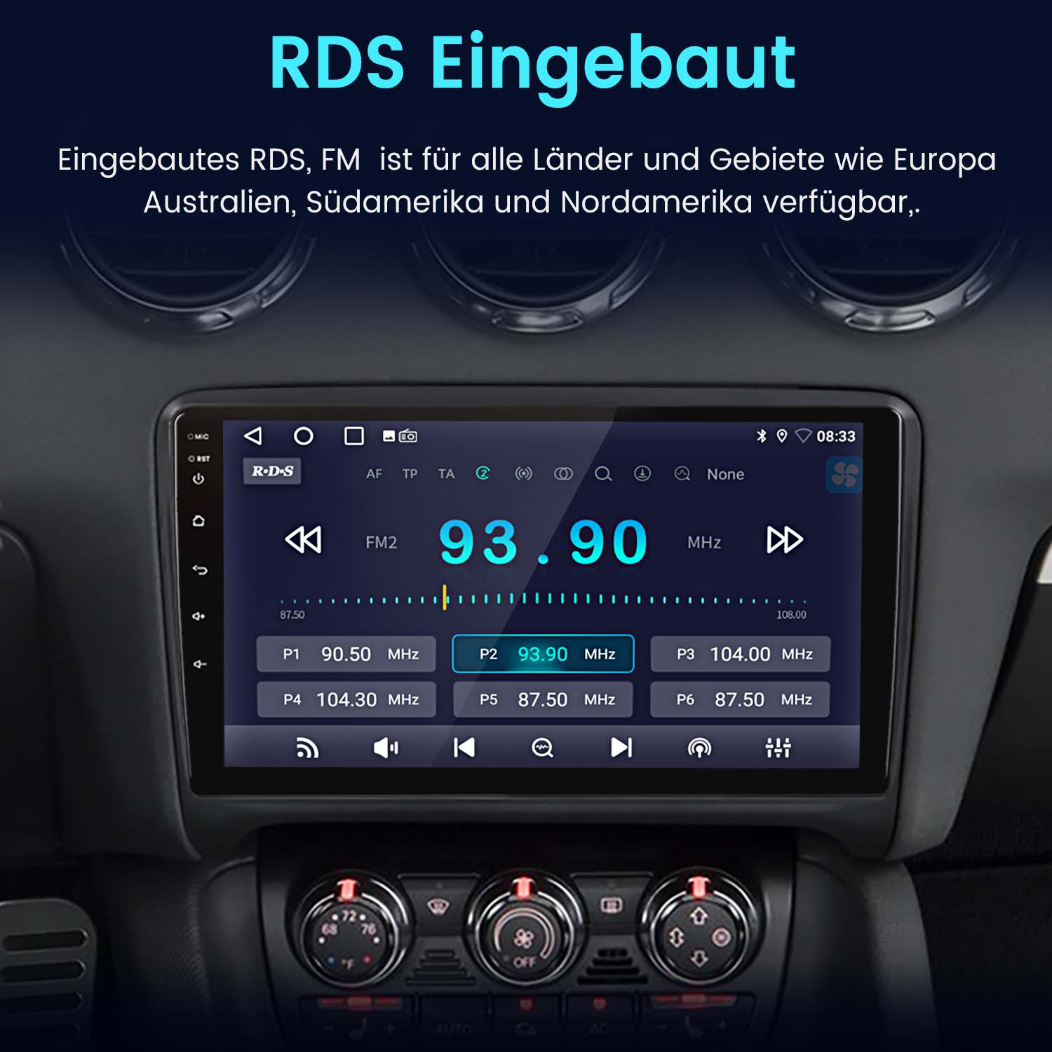 Autoradio-Bildschirm mit Radioinformationen. Text weist auf RDS für viele Regionen hin.