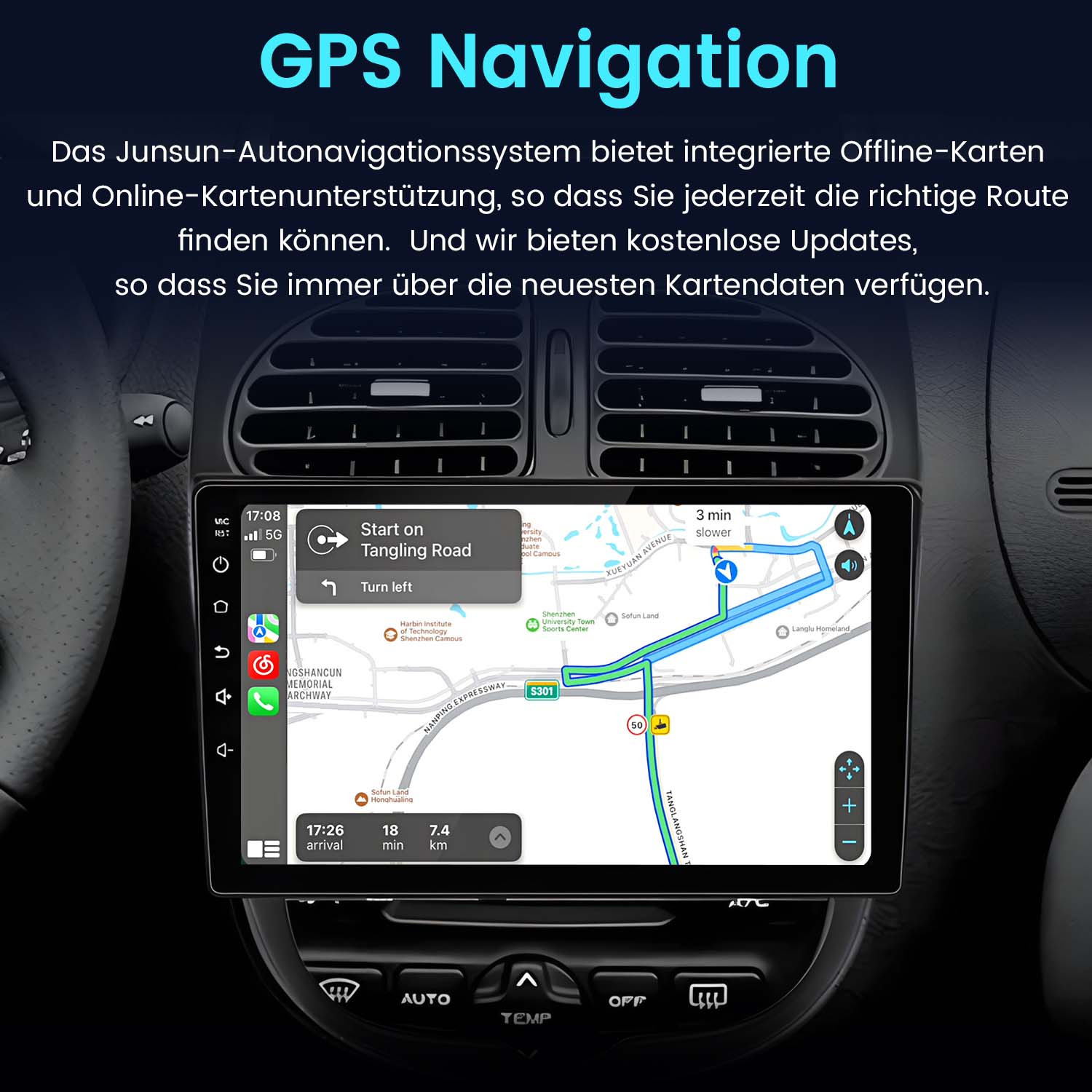 Ein Auto-Navigationsbildschirm, der eine Karte anzeigt. Der Innenraum des Autos ist im Hintergrund sichtbar.