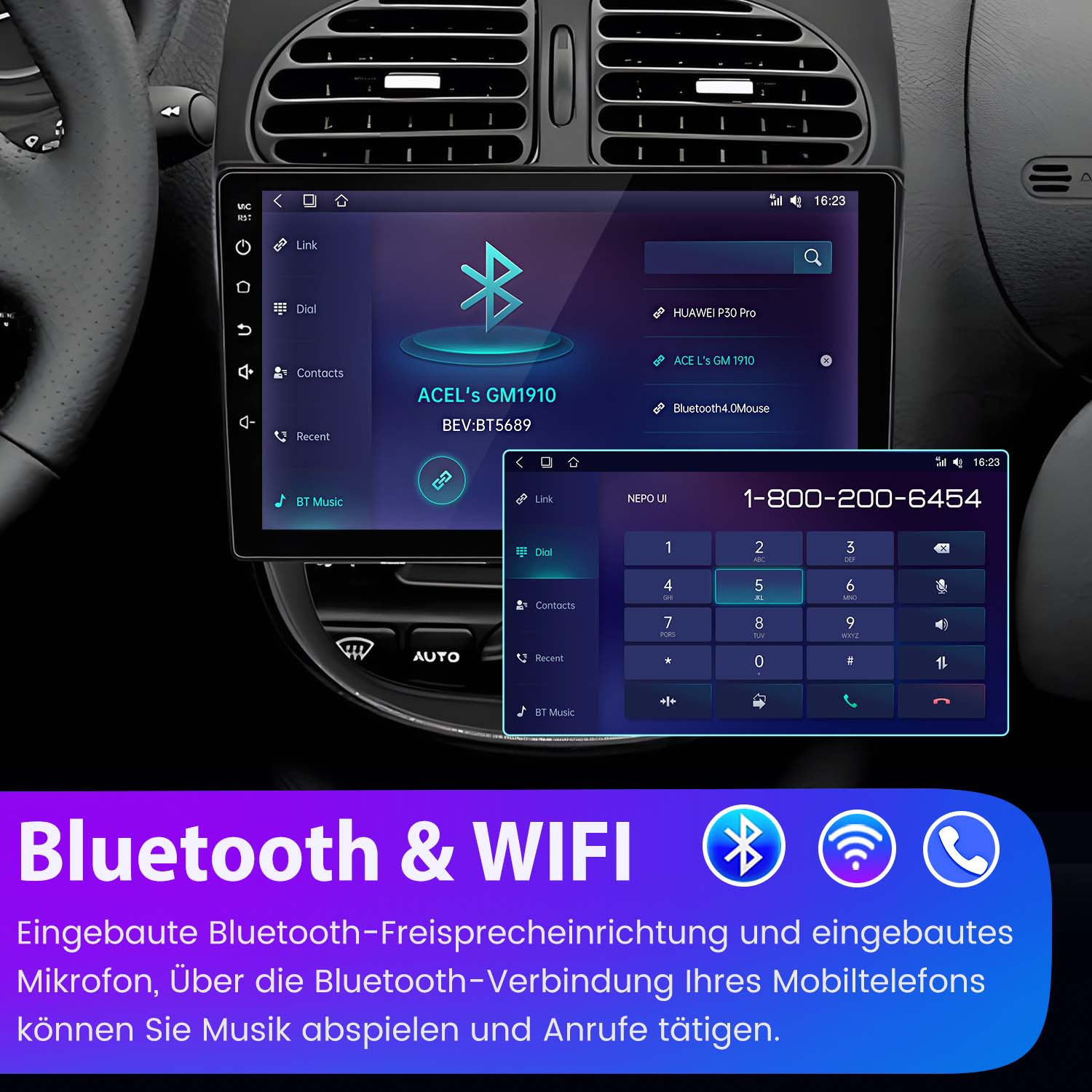 Auto-Armaturenbrett mit Bildschirm, der Bluetooth-Einstellungen und eine Telefonwählscheibe zeigt.