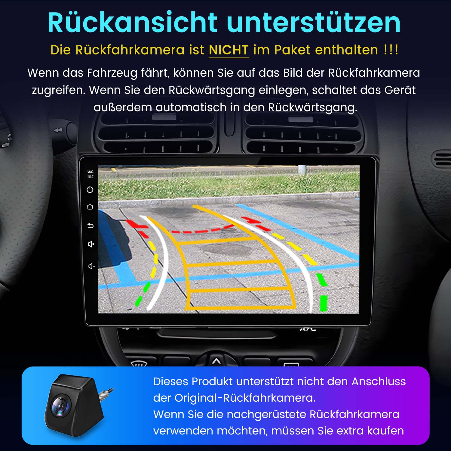 Armaturenbrett mit Bildschirm, der eine Rückfahrkameransicht anzeigt. Text auf Deutsch.