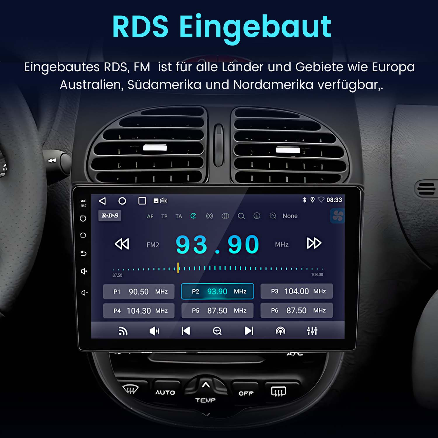 Autoradio mit RDS-Funktionen, zeigt UKW-Frequenz, Tasten und Bildschirm.