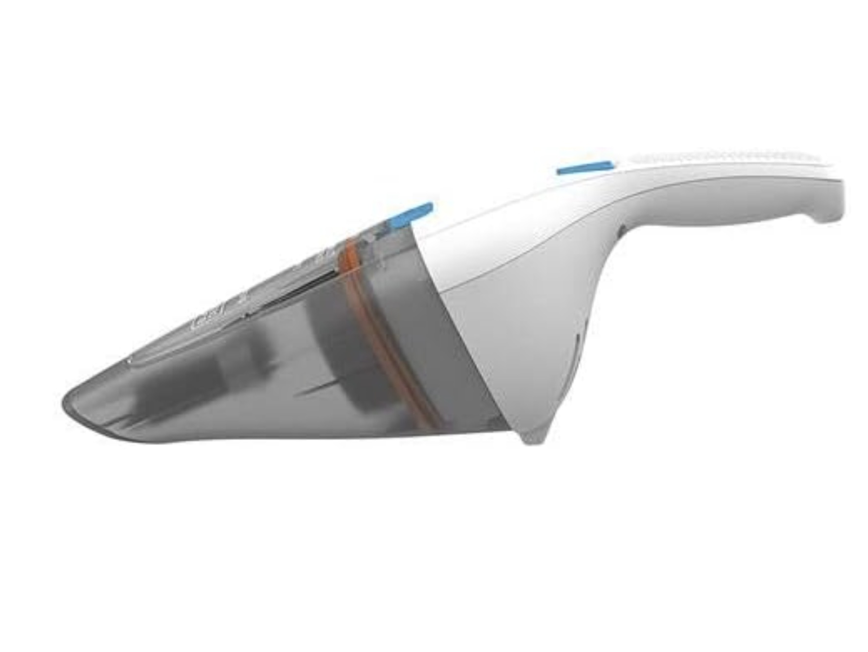 Un aspirapolvere portatile bianco e grigio, visto da un'angolazione laterale, isolato su sfondo bianco.