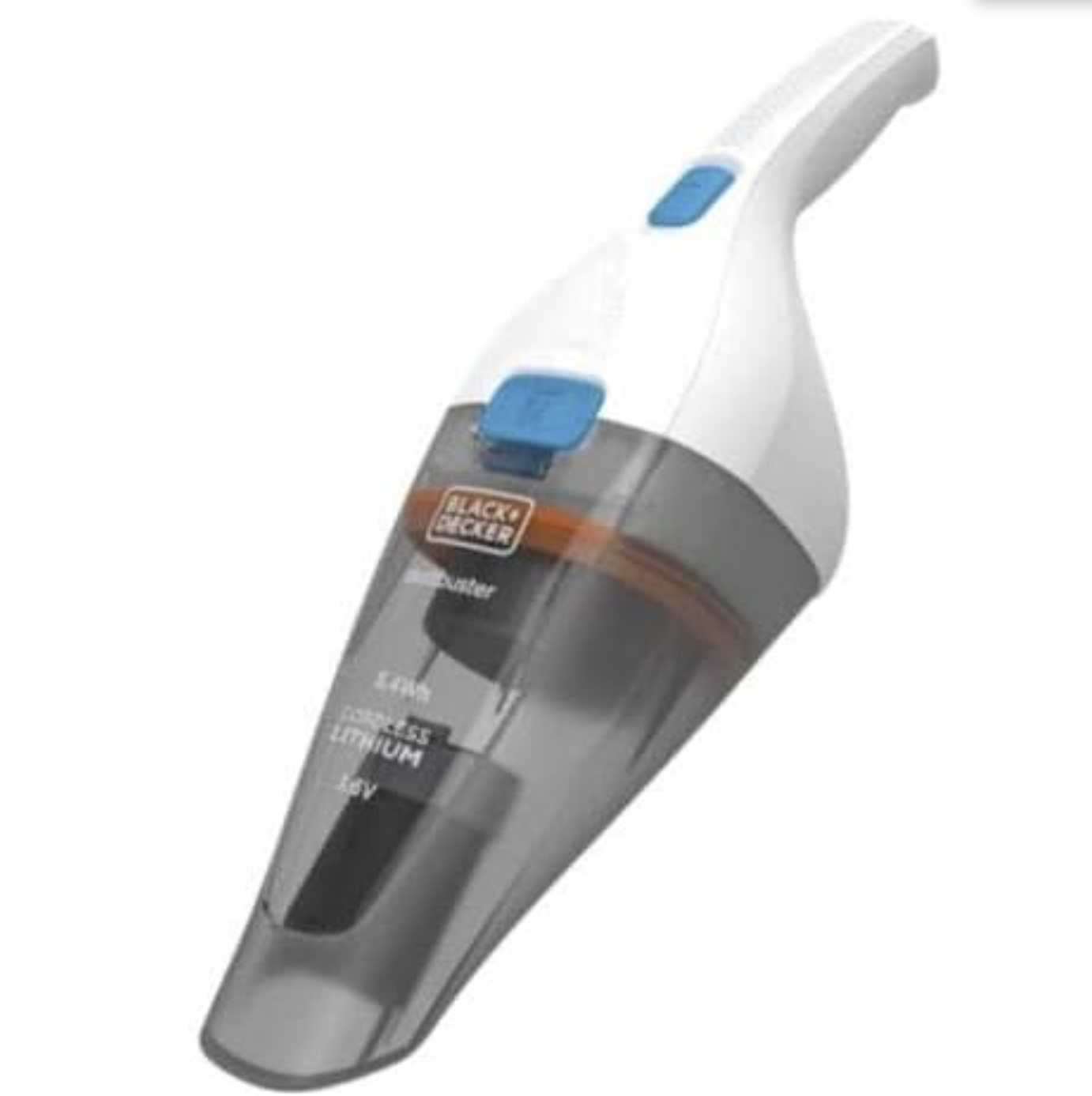 Aspirapolvere portatile senza fili. È bianco con dettagli grigi e blu.