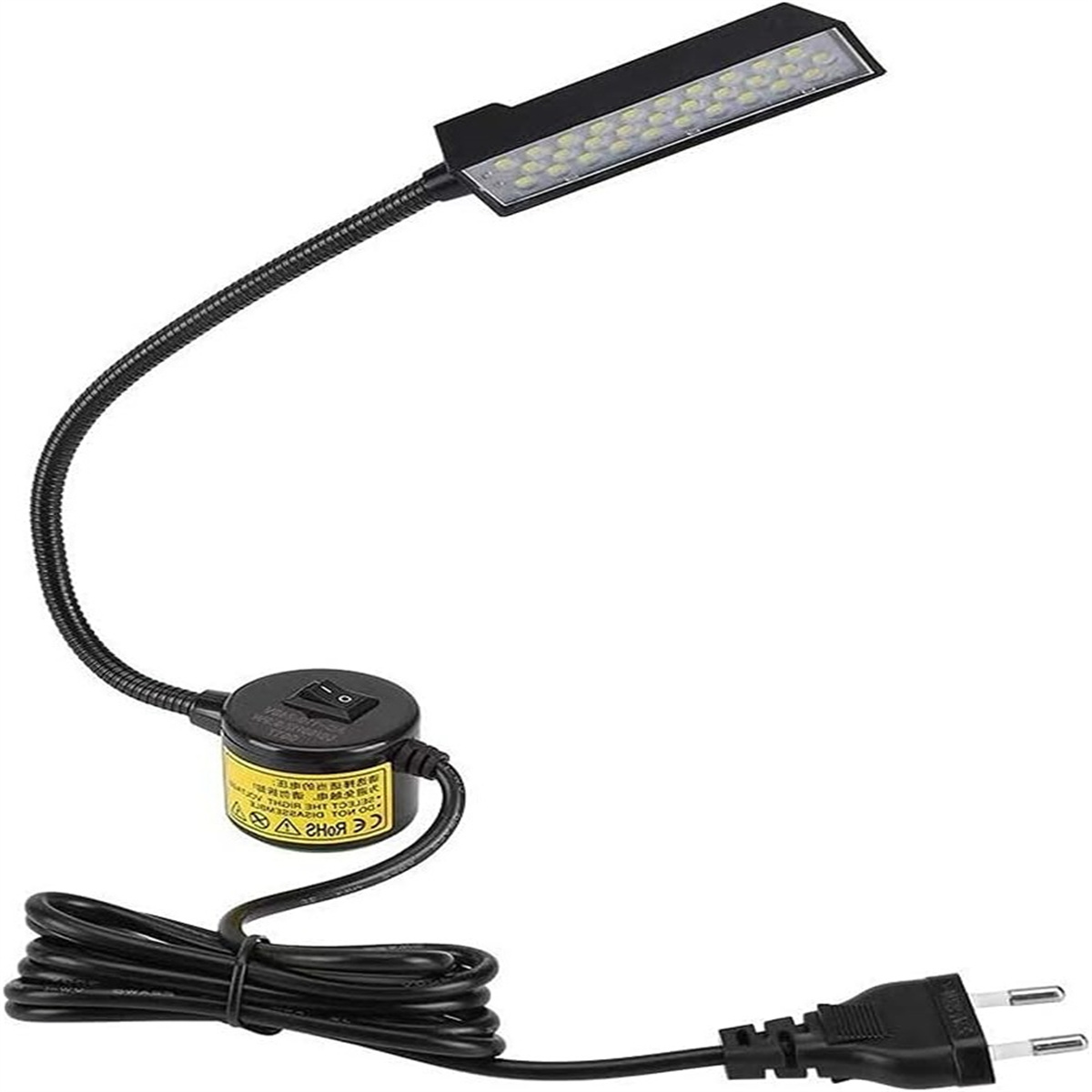 Eine Lampe mit flexiblem Hals, schwarzem Sockel und Stecker.