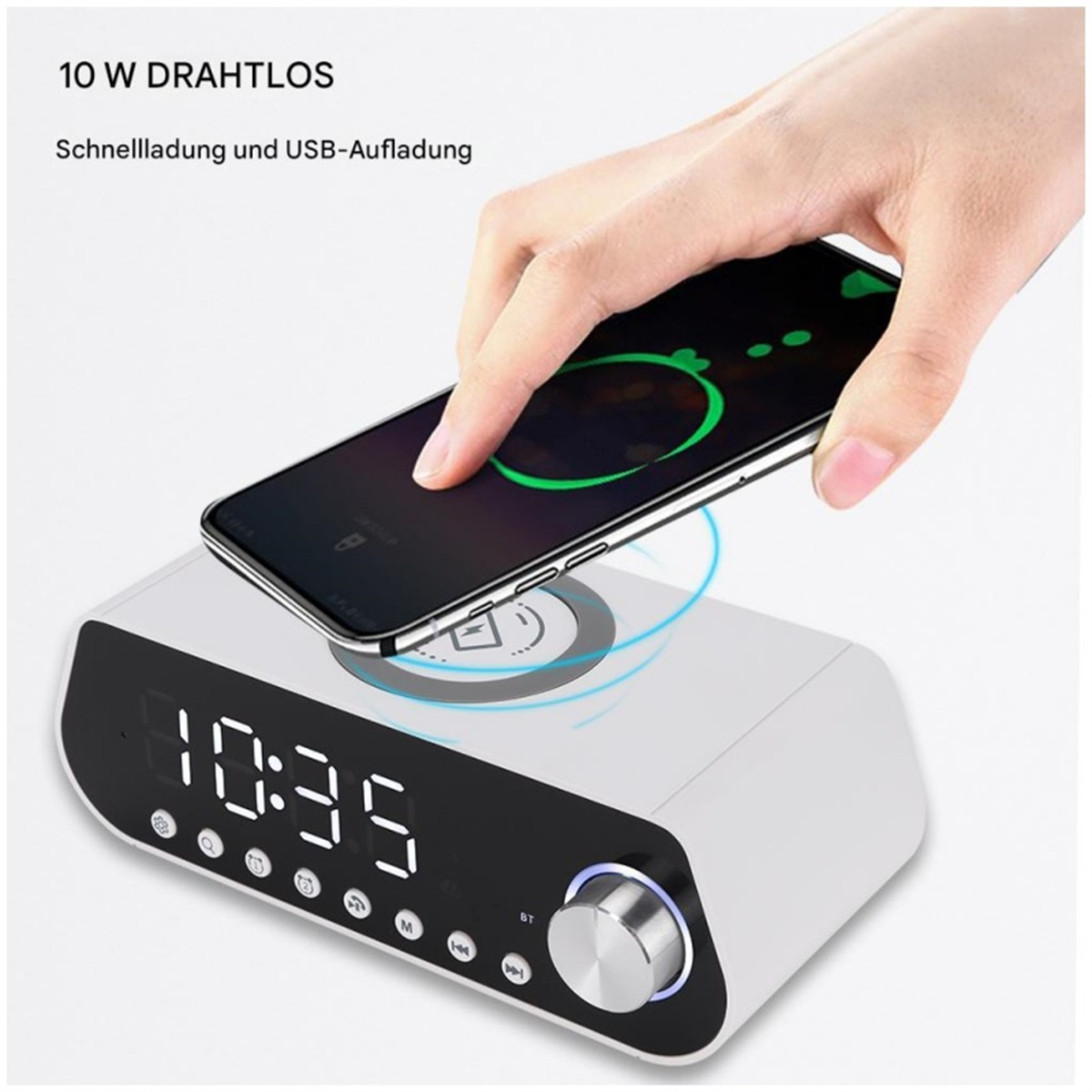 Wecker mit Telefon oben drauf. Telefon zeigt Ladesymbol und die Uhrzeit 10:35.