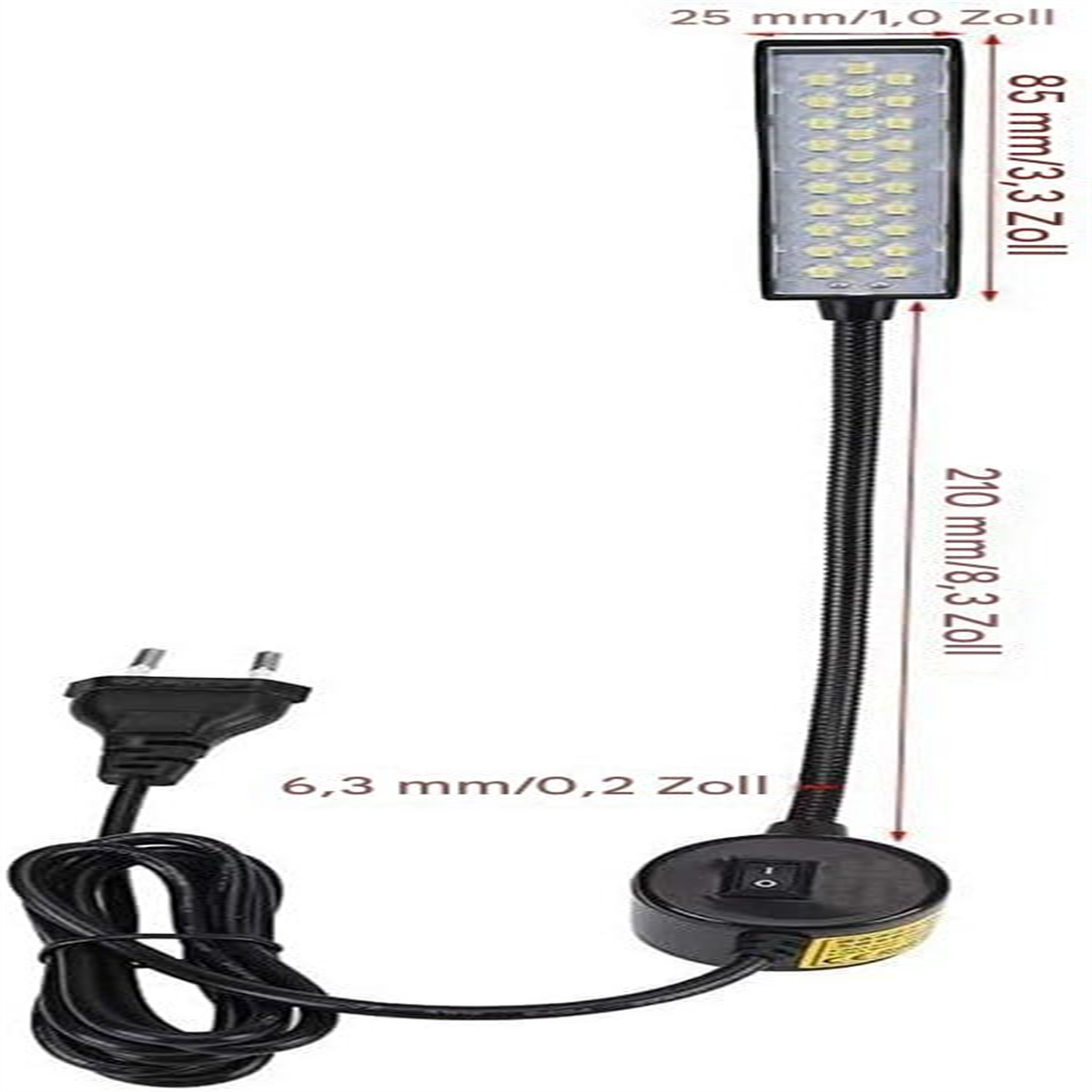 Eine schwarz-silberne Lampe mit Maßen in mm und Zoll sowie einem Stecker. Die Lampe befindet sich auf weißem Hintergrund.