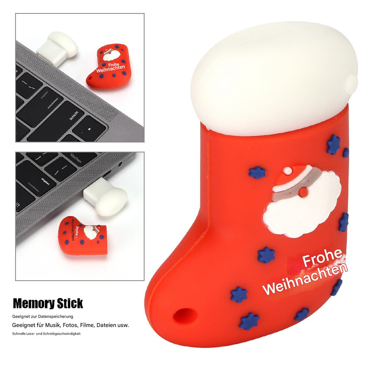 Ein USB-Stick in Form eines Weihnachtsstrumpfes auf einem Laptop, mit zusätzlichen Bildern.