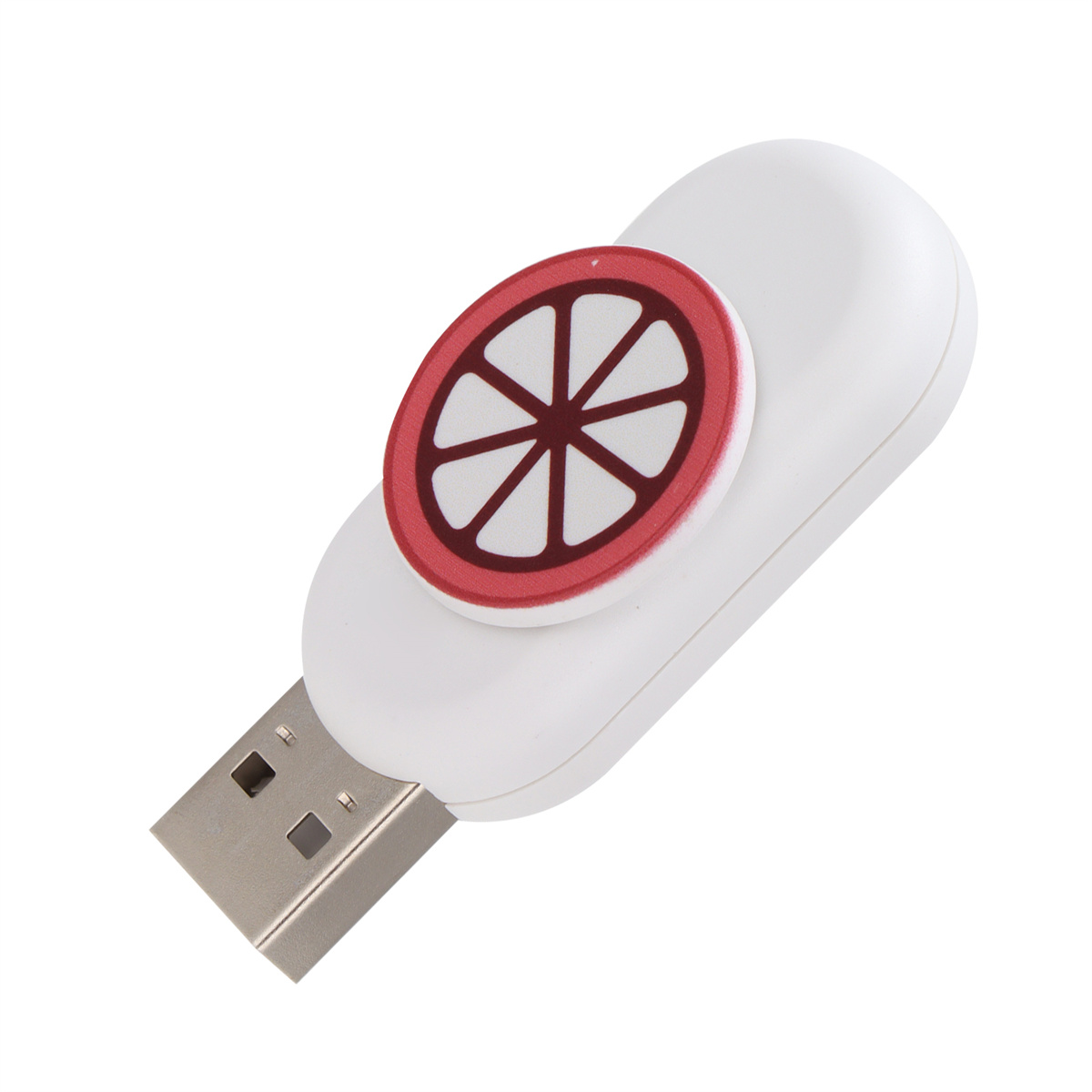 Weißer USB-Stick mit einem rot-radförmigen Design oben.