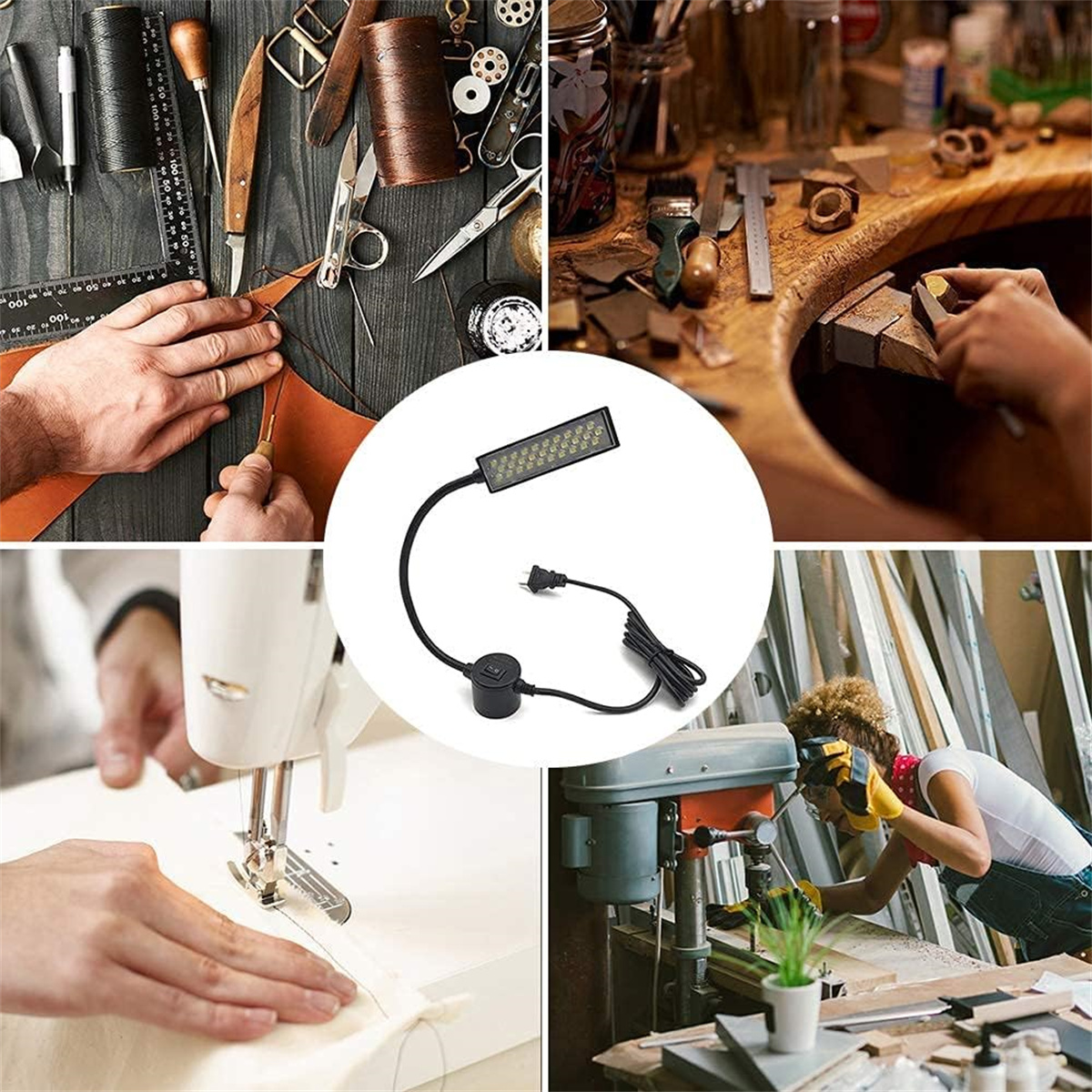 Vier Bilder zeigen Handwerksarbeiten: Leder, Schmuck, Nähen und Holzarbeiten mit Lampe.