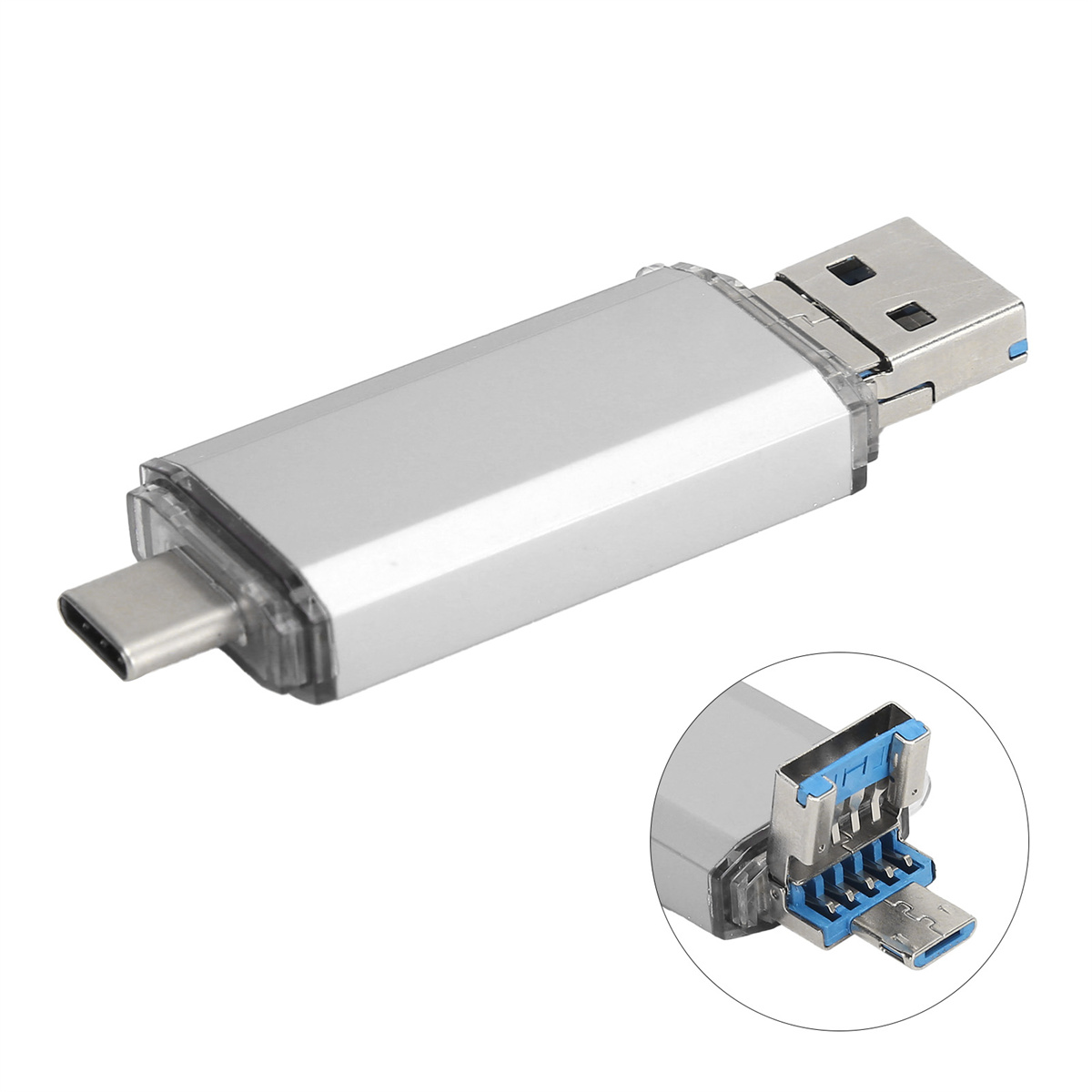 Silberner USB-C-zu-USB-Adapter. Schwarzer Hintergrund.
