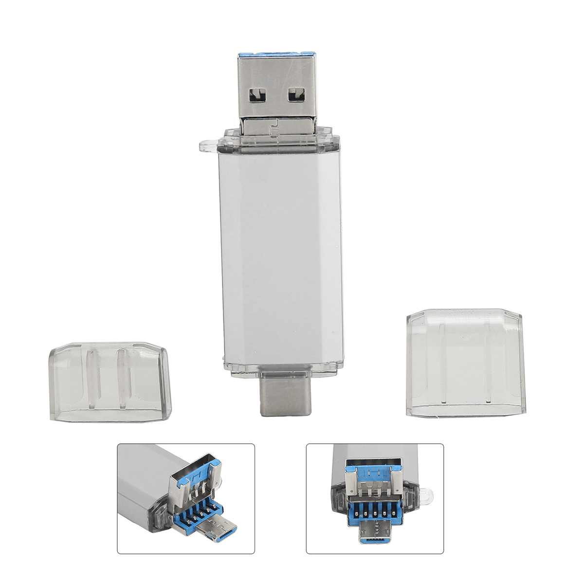 USB-Laufwerk mit zwei USB- und zwei Typ-C-Anschlüssen und Kappen. Weißer Hintergrund.