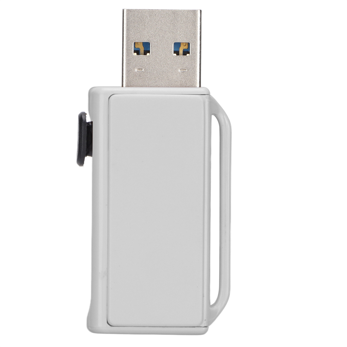 Ein weißer USB-Stick mit angebrachter schwarzer Schlaufe auf weißem Hintergrund.