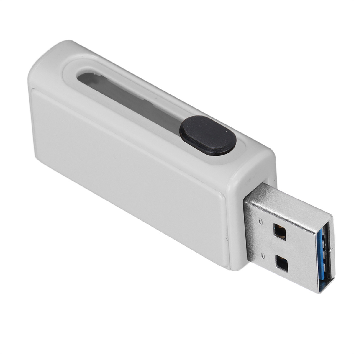 Ein weißer USB-Stick mit schwarzem Knopf. Der USB-Anschluss ist sichtbar.