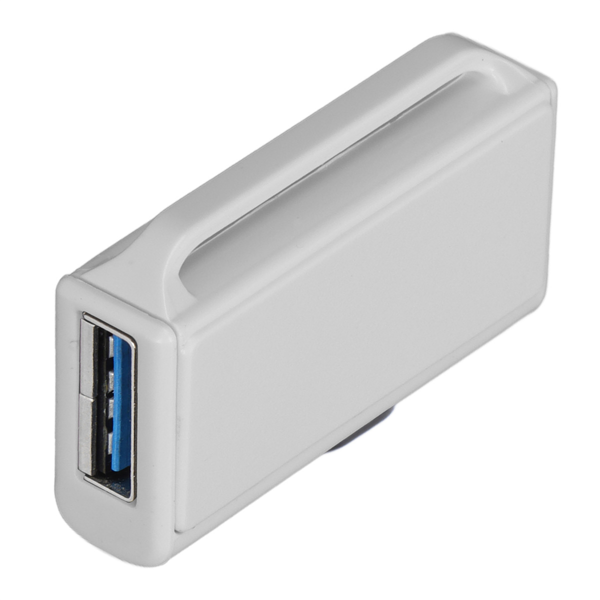 Weißer USB-Adapter mit USB-Anschluss, Griff und blauem Port-Inneren.