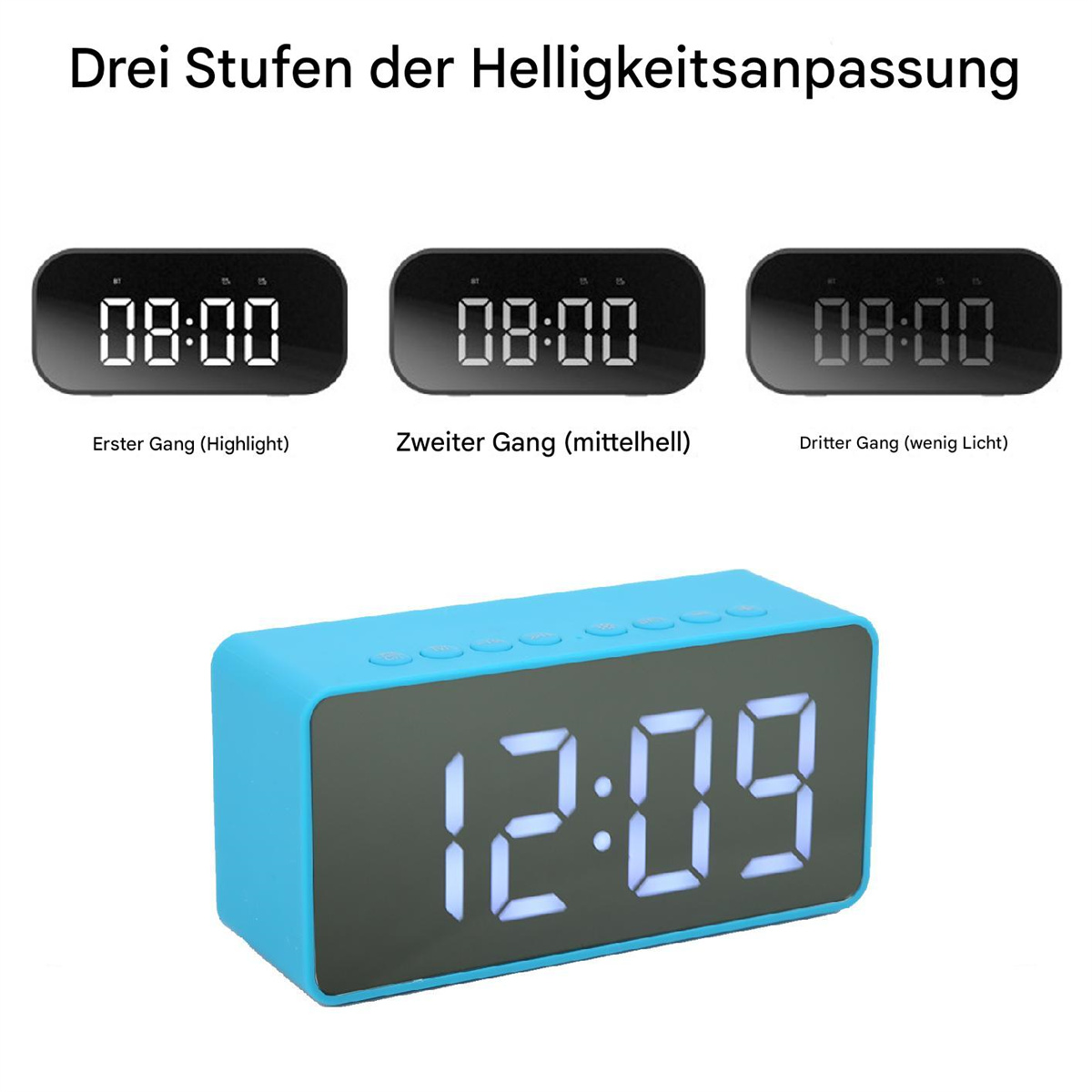 Drei digitale Wecker mit unterschiedlicher Bildschirmhelligkeit. Blaue Uhr unten.