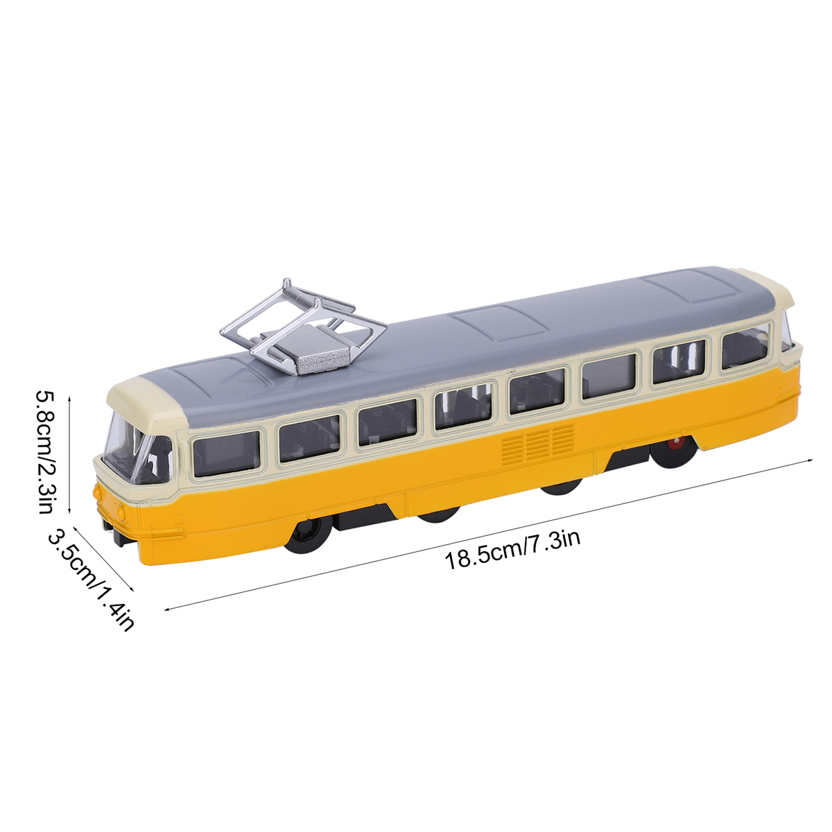 Ein gelb-beiges Spielzeug-Straßenbahnmodell mit angegebenen Abmessungen. Es ist eine Miniatur.