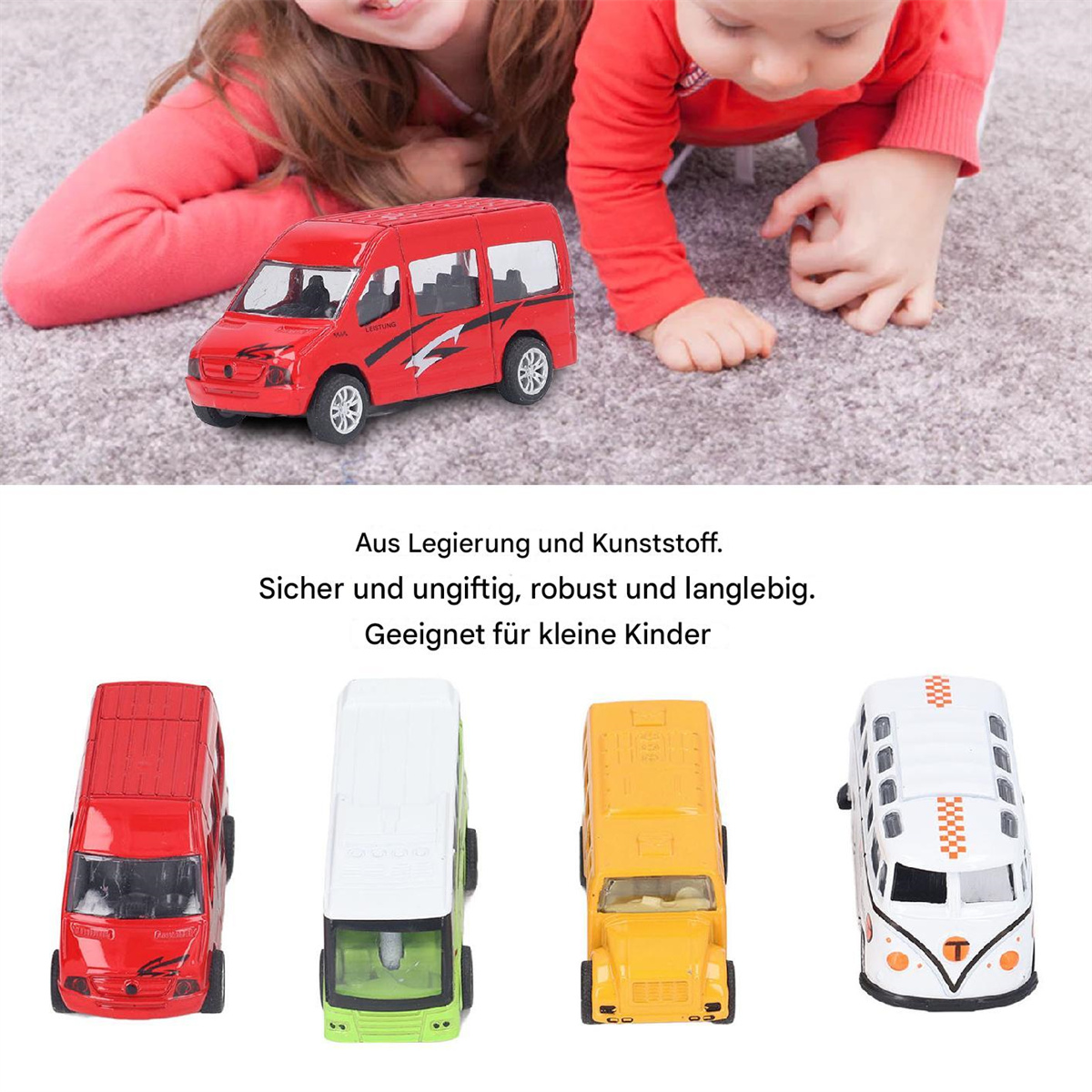 Spielzeugautos: rote, grüne, gelbe und weiße Busmodelle, auf grauer Oberfläche.