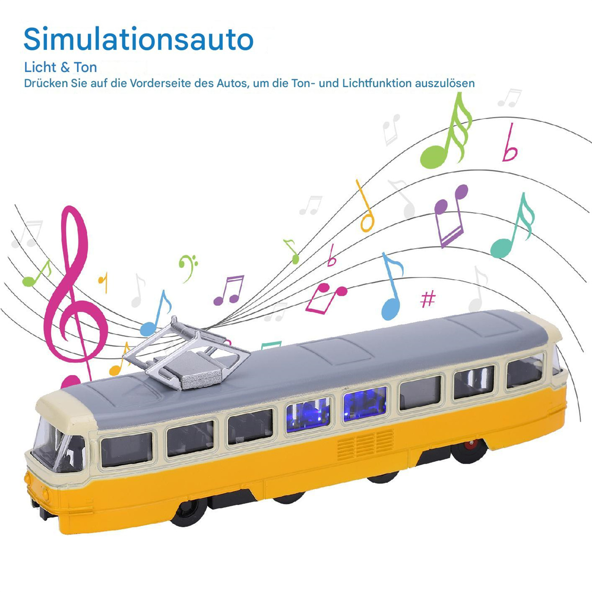 Gelber Spielzeugzug mit grauem Dach und Noten, die Musik simulieren.