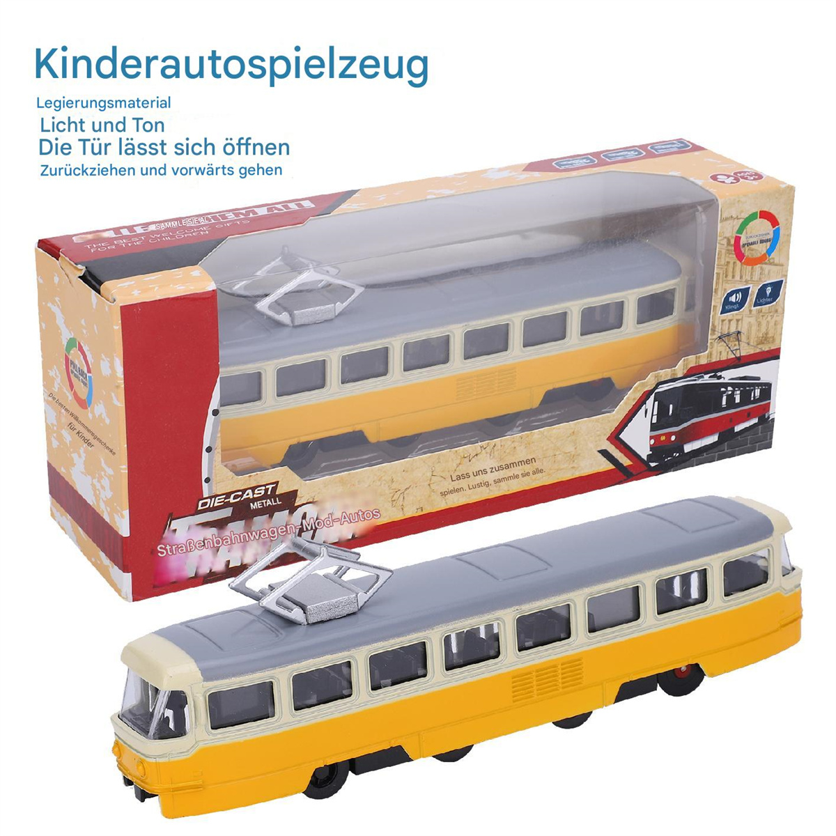 Spielzeugeisenbahn in einer Schachtel. Der Zug ist gelb und grau. Die Schachtel ist Pappe.