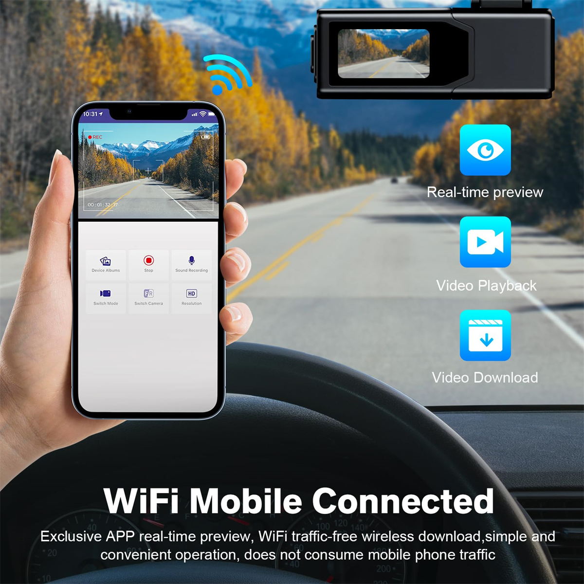 Telefon mit App und Dashcam, die eine Straße zeigen. WLAN verbunden.