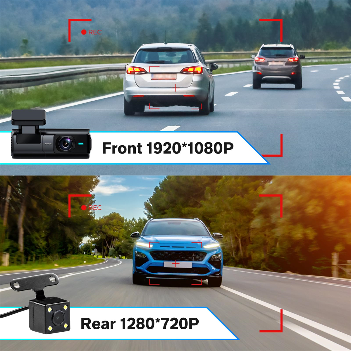 Zwei Autos auf der Straße, Vorder- und Rückansicht mit Aufnahme-Details und Auflösung.