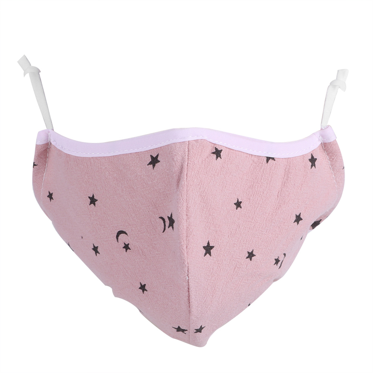 Rosa Gesichtsmaske mit dunklem Stern- und Halbmondmuster, weißen Rändern und weißen Schnüren.