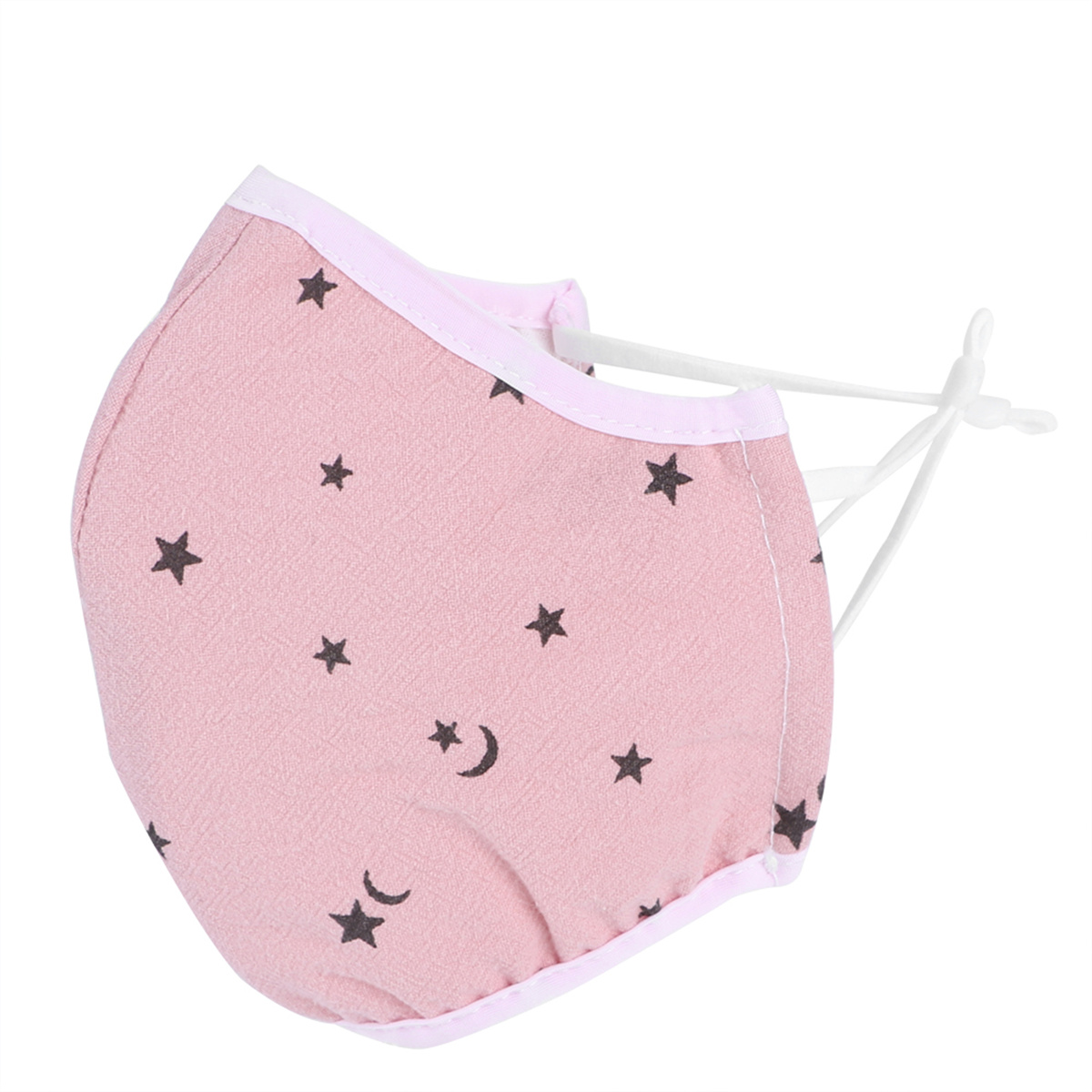 Rosa Stoff-Gesichtsmaske mit schwarzen Sternen, Mond und weißen, verstellbaren Ohrschlaufen.