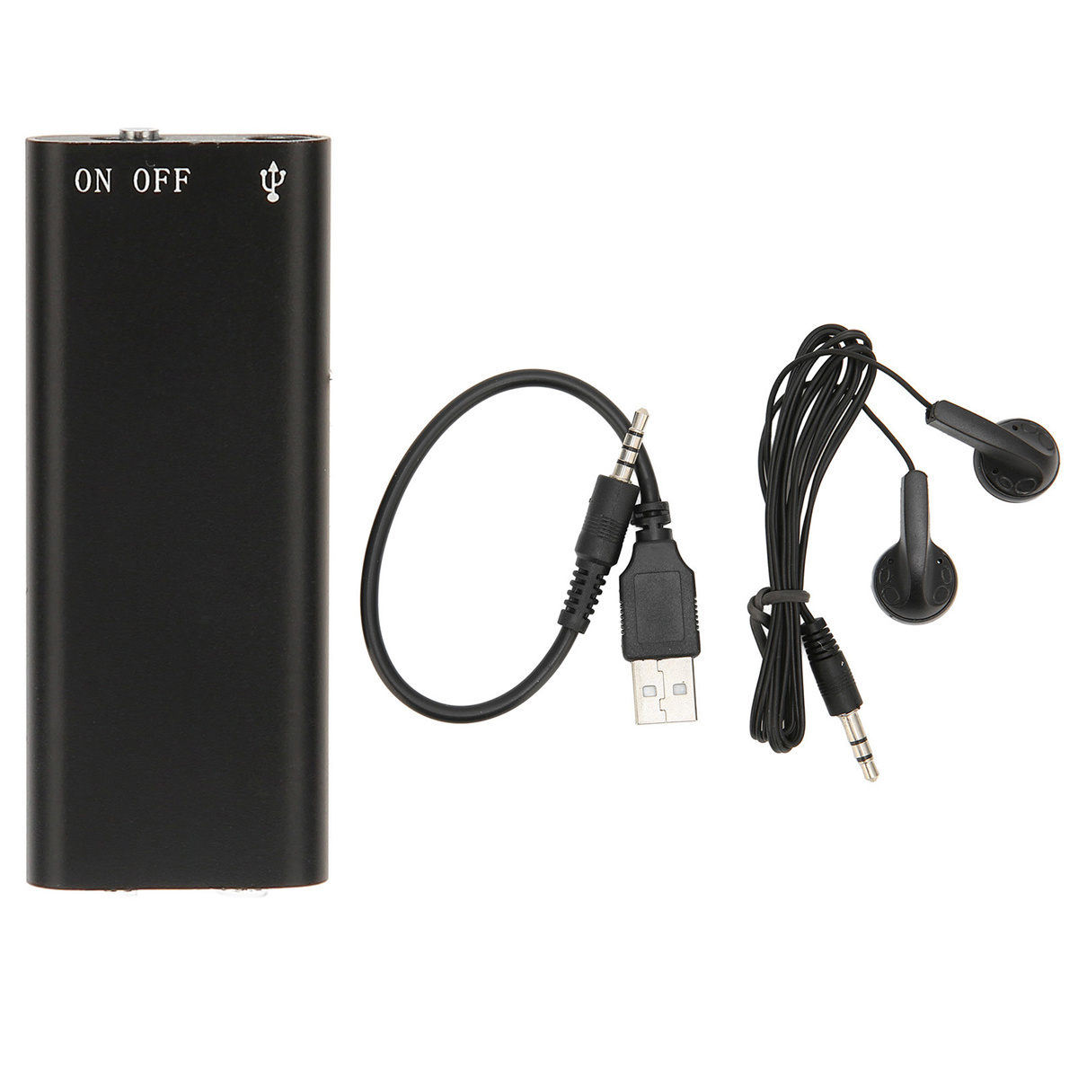Schwarzes Aufnahmegerät mit Ein/Aus-Taste, USB-Kabel und Kopfhörern. Weißer Hintergrund.