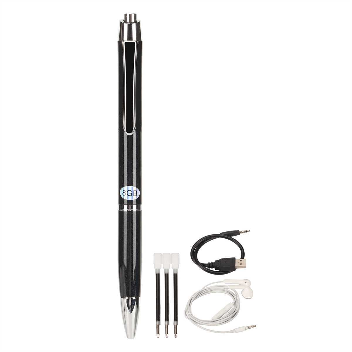 Schwarzer Stift mit 8GB-Etikett, drei Nachfüllungen, Kabel und Ohrhörern, alles auf Weiß.