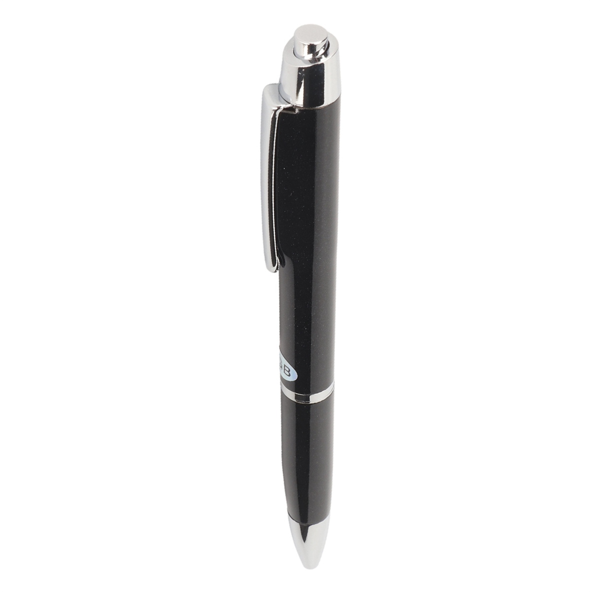Schwarzer Stift mit silbernen Akzenten. Der Stift hat einen Clip und eine silberne Spitze.