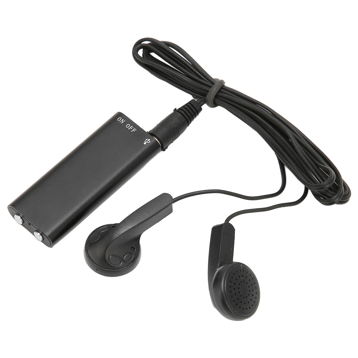 Schwarzes tragbares Sprachaufnahmegerät mit Kopfhörern und Kabel.