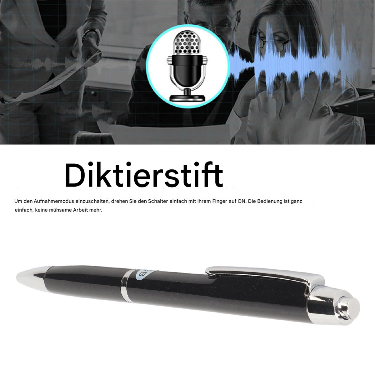 Ein schwarzer Diktierstift mit silbernem Clip. Ein Mikrofonsymbol ist im Bild. Der Hintergrund ist unscharf.