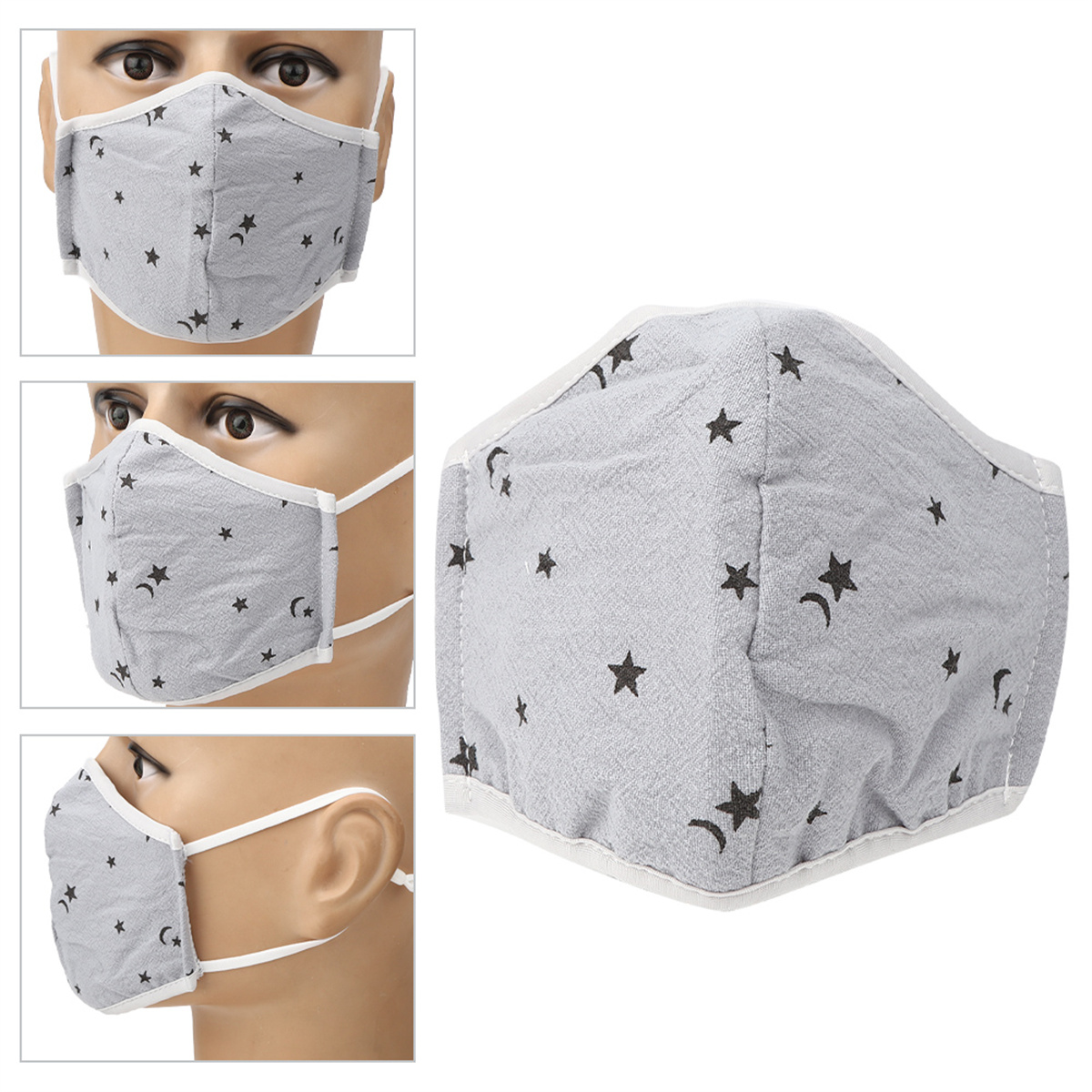 Gesichtsmasken. Sie sind hellgrau mit schwarzen Sternen. Verschiedene Ansichten werden gezeigt, einschließlich Seitenprofil.