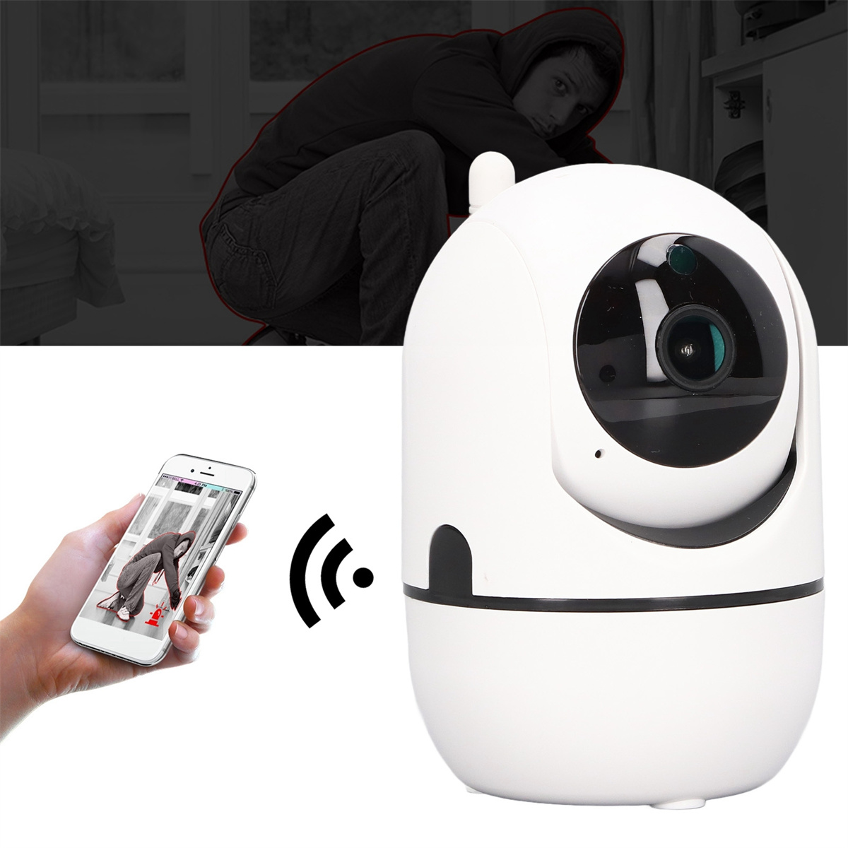 Überwachungskamera mit Smartphone, das eine Person zeigt. Eine Person wird auf dem Telefon und im Hintergrund gezeigt.