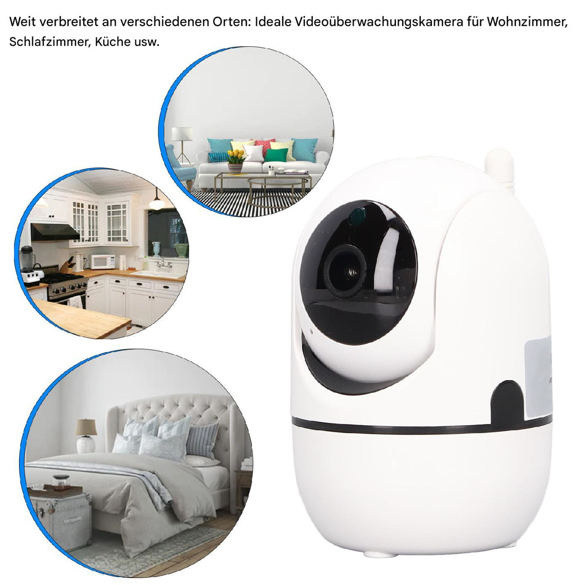 Eine weiße Überwachungskamera mit abgerundetem Design, umgeben von Bildern von Räumen und einem Text über ihre Verwendung.