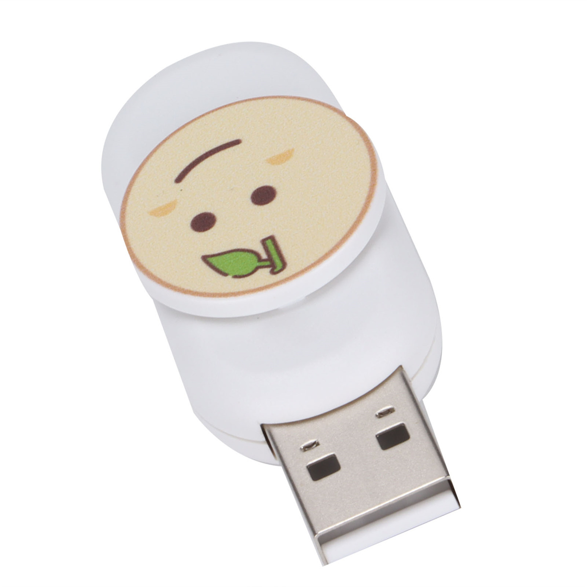 Ein weißer USB-Stick mit einem Cartoon-Gesicht und einem USB-Anschluss.