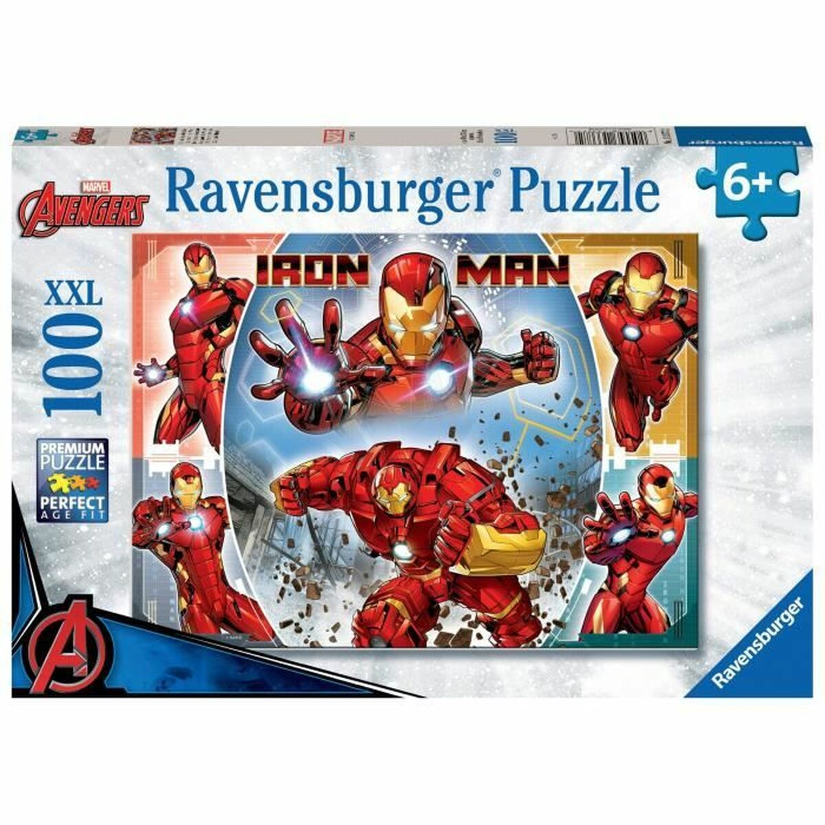 Scatola di puzzle con immagini di Iron Man. La scatola ha il logo Avengers, Iron Man in posa.