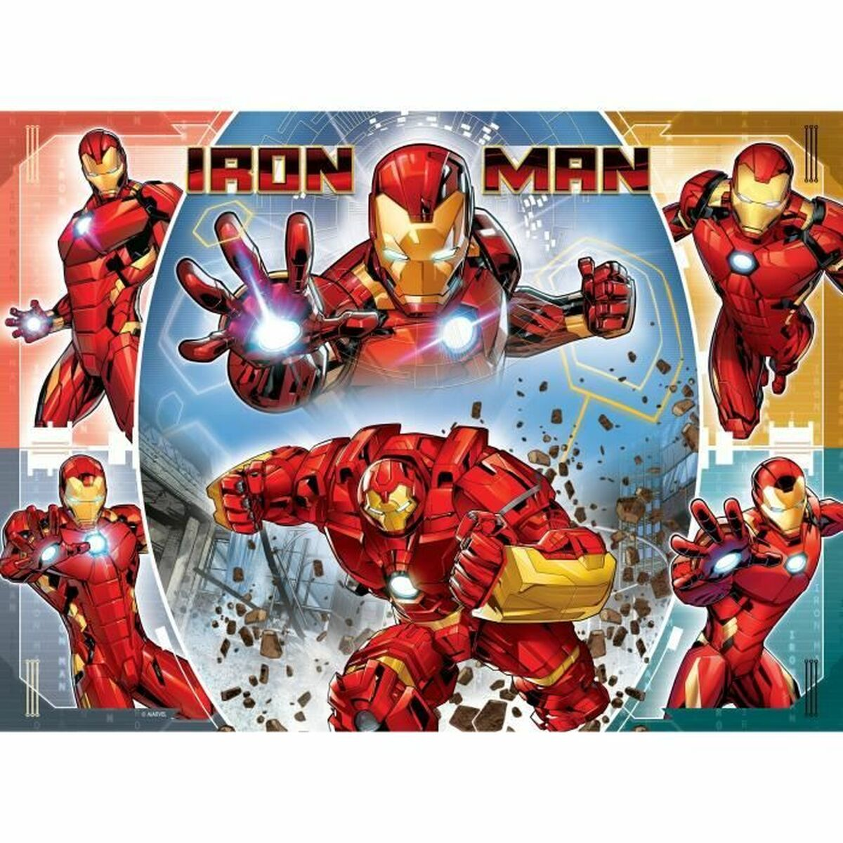 Arte fumettistica di Iron Man. Vengono mostrate più immagini di Iron Man in armatura rossa.
