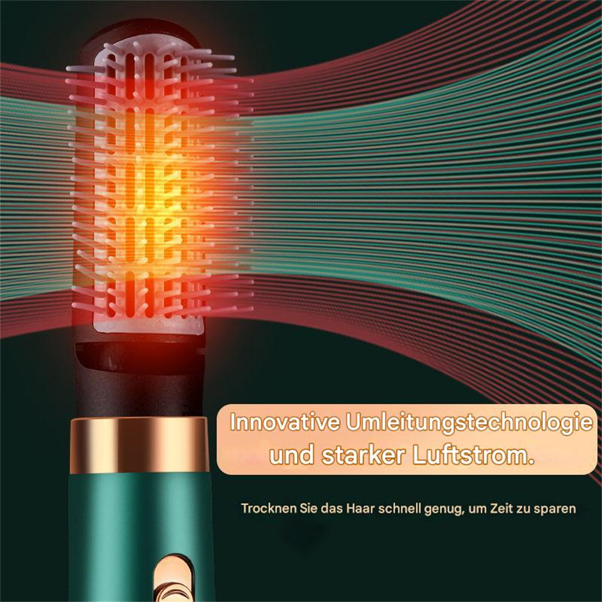 Ein Haarstyling-Werkzeug, das die innovative Umleitungstechnologie und den Luftstrom hervorhebt.