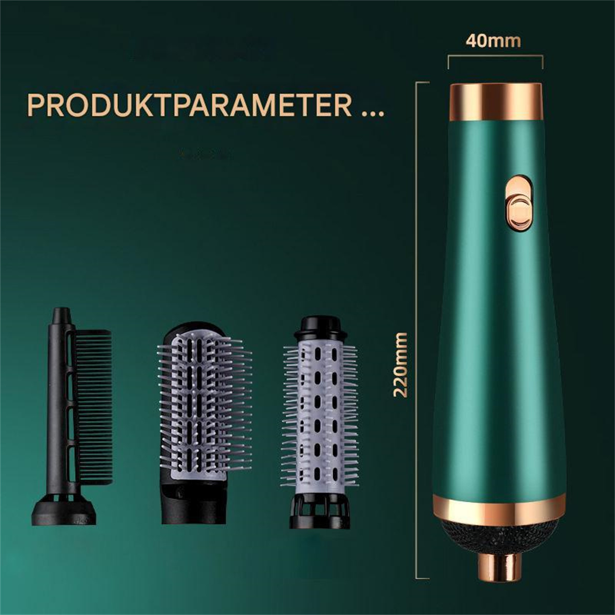 Haarstyler mit Aufsätzen. Grüner Körper, Aufsätze an der Seite. Abmessungen gezeigt.