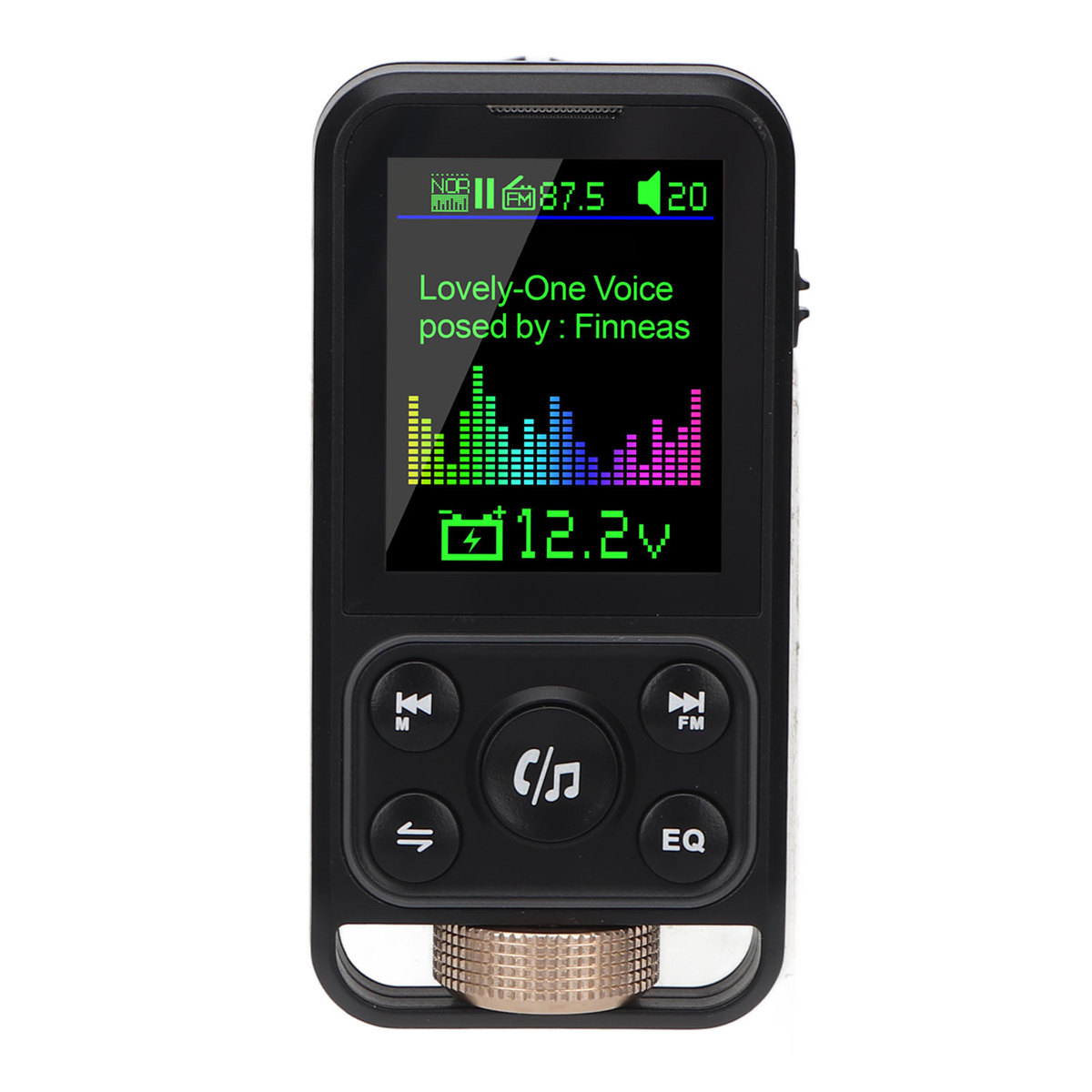 Schwarzer MP3-Player mit Bildschirm, der Informationen und Steuertasten anzeigt.
