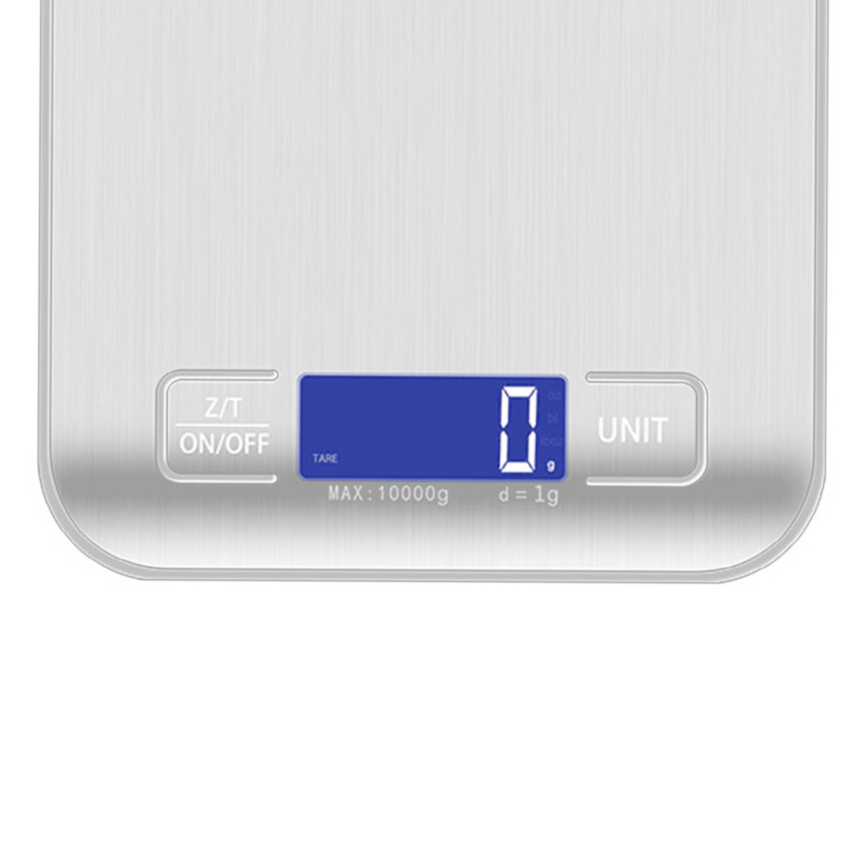 Digitale Küchenwaage. Anzeige zeigt Null. Tasten für Z/T EIN/AUS und UNIT. Weißer Hintergrund.