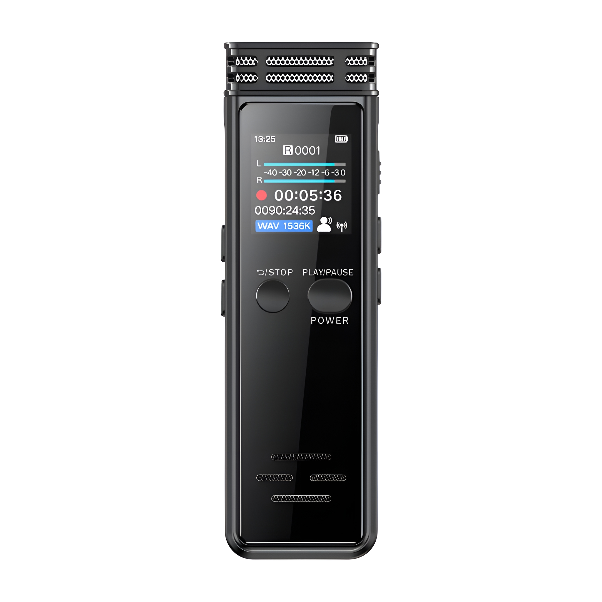Schwarzer digitaler Audio-Recorder mit Bildschirm, der Zeit und Einstellungen anzeigt. Knöpfe seitlich.