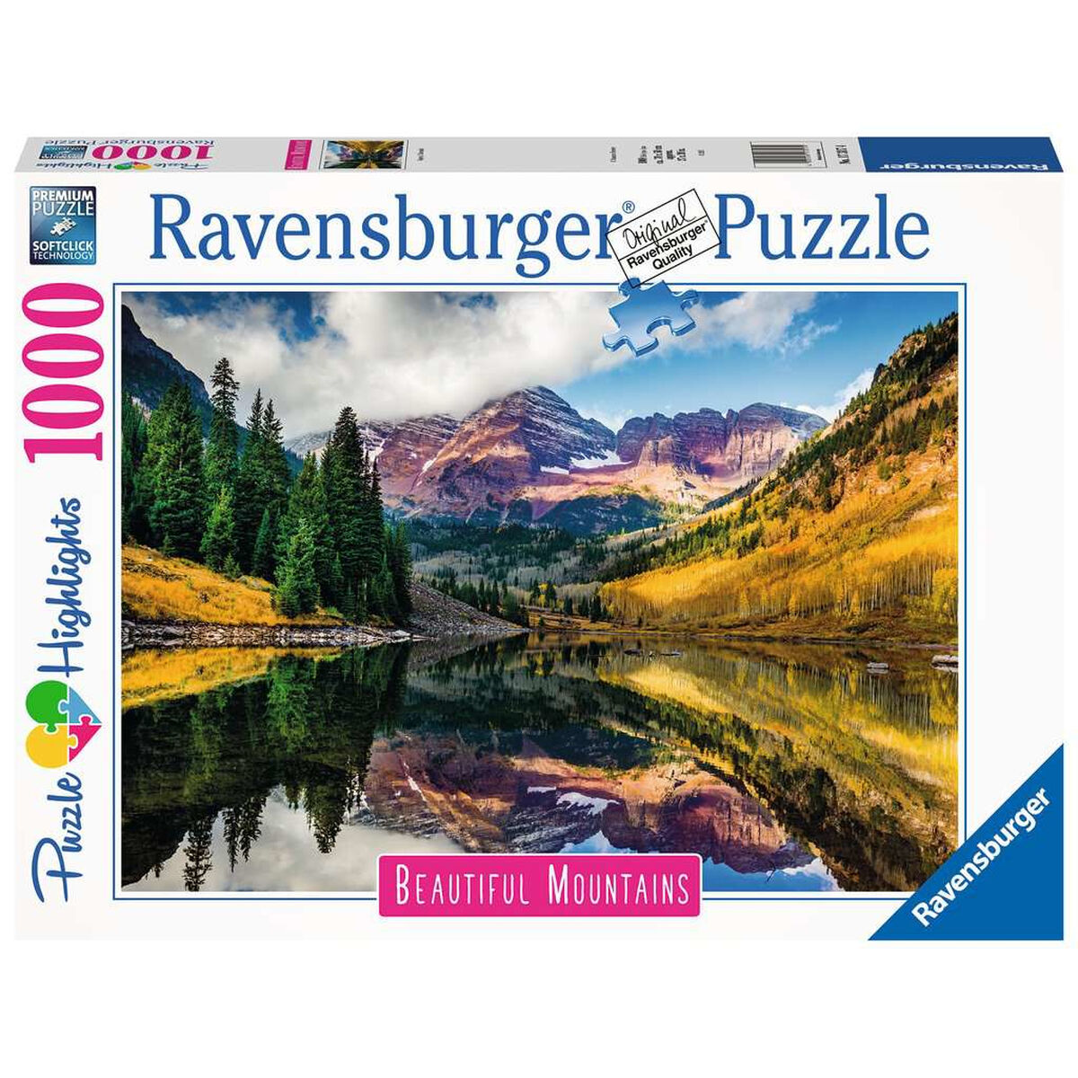 Fertiges Puzzle mit einer Bergseeszene, die Spiegelungen von Bergen und gelben Bäumen zeigt.